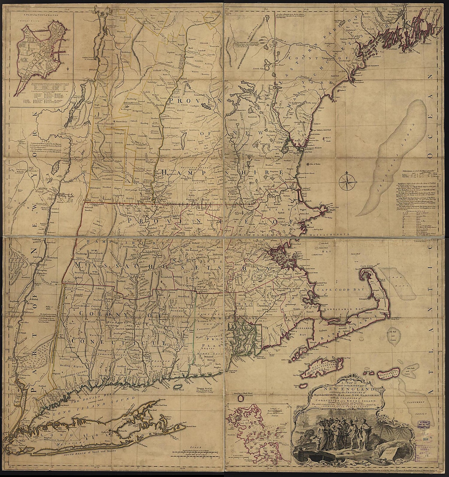 This old map of A Map of the Most Inhabited Part of New England, Containing the Provinces of Massachusets Bay and New Hampshire, With the Colonies of Conecticut and Rhode Island, Divided Into Counties and Townships: the Whole Composed from Actual Surveys