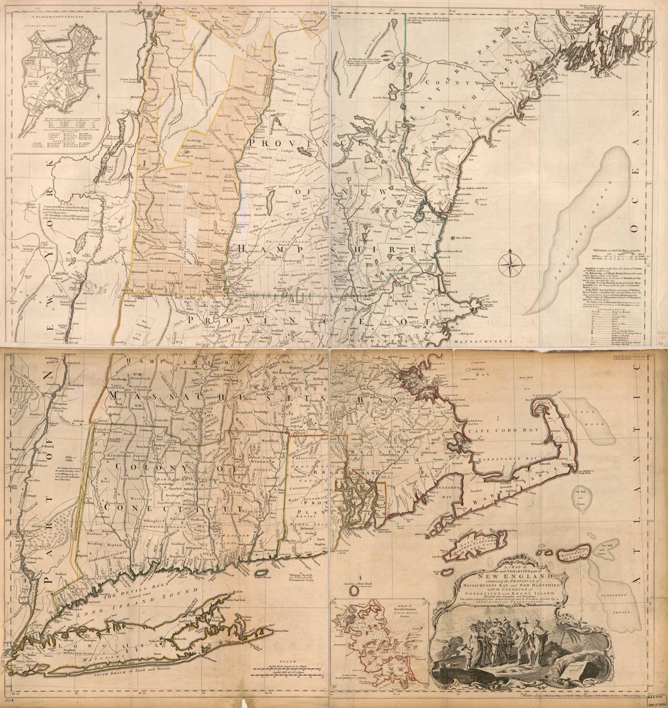 This old map of A Map of the Most Inhabited Part of New England, Containing the Provinces of Massachusets Bay and New Hampshire, With the Colonies of Conecticut and Rhode Island, Divided Into Counties and Townships: the Whole Composed from Actual Surveys