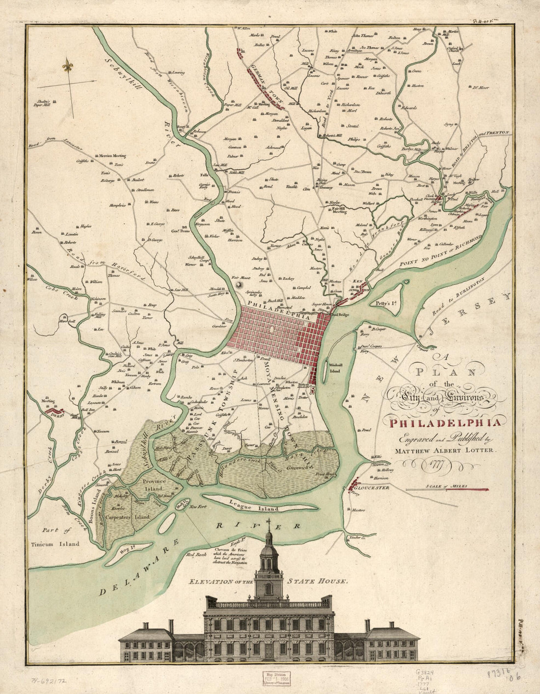 This old map of A Plan of the City and Environs of Philadelphia from 1777 was created by Matthäus Albrecht Lotter in 1777