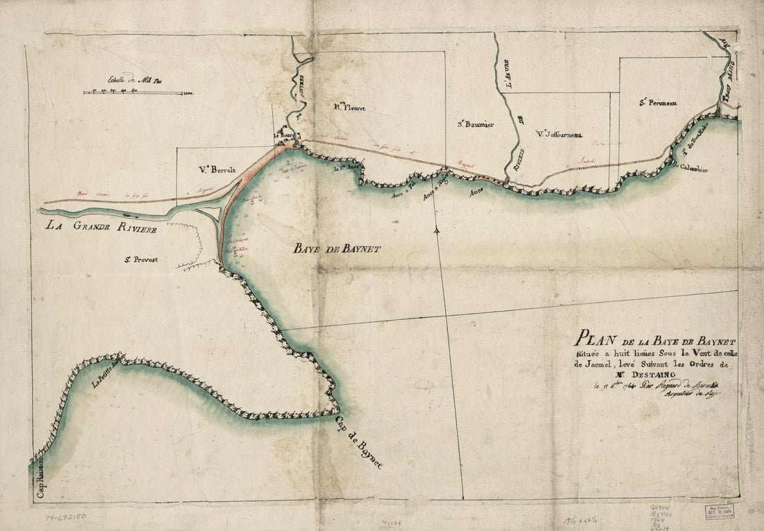 This old map of Plan De La Baye De Baynet, Situeé a Hiut Leiues Sous Le Vent De Celle De Jacmel, Levé Suivant Les Ordres De Mr. D&