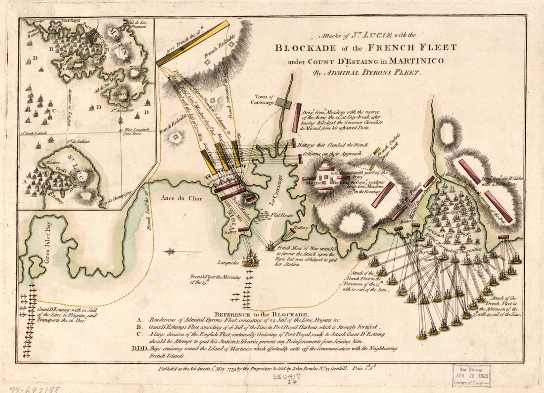 This old map of Attacks of St. Lucie With the Blockade of the French Fleet Under Count D&