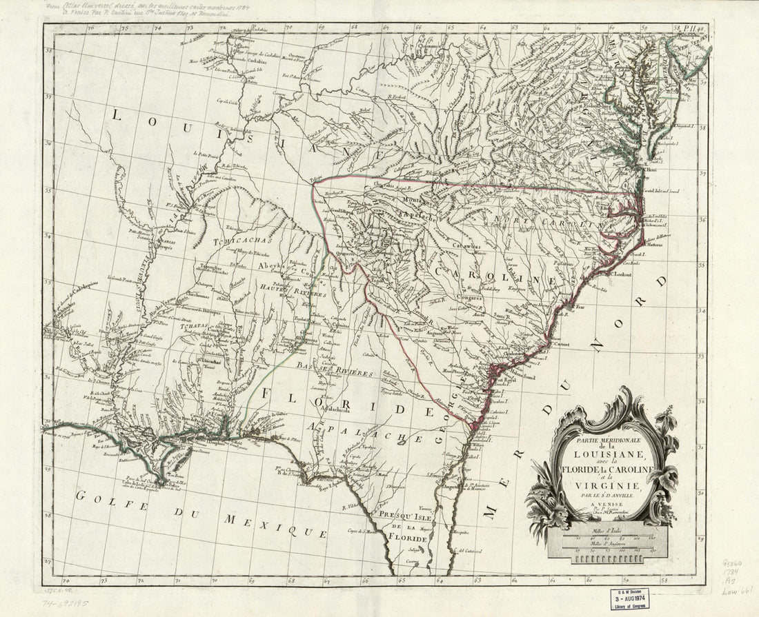 This old map of Partie Méridionale De La Louisiane, Avec La Floride, La Caroline Et La Virginie from 1784 was created by Jean Baptiste Bourguignon D Anville,  Remondini (Firm), P. Santini in 1784