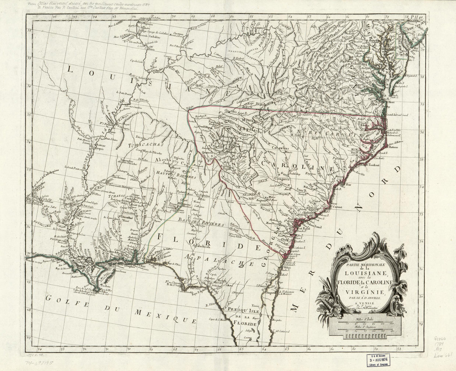 This old map of Partie Méridionale De La Louisiane, Avec La Floride, La Caroline Et La Virginie from 1784 was created by Jean Baptiste Bourguignon D Anville,  Remondini (Firm), P. Santini in 1784