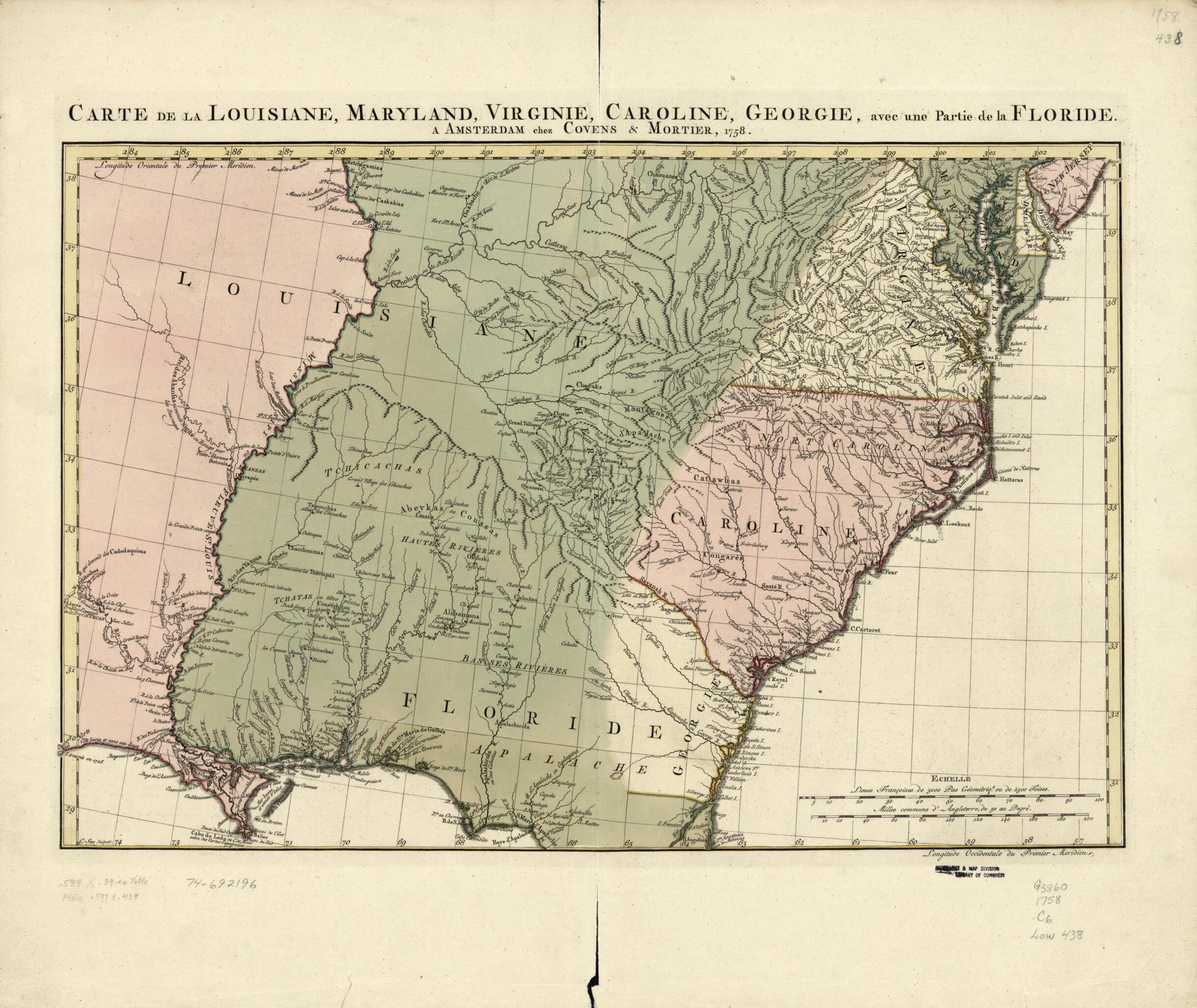 This old map of Carte De La Louisiane, Maryland, Virginie, Caroline, Georgie, Avec Une Partie De La Floride from 1758 was created by  Cóvens Et Mortier, Christiaan Sepp in 1758