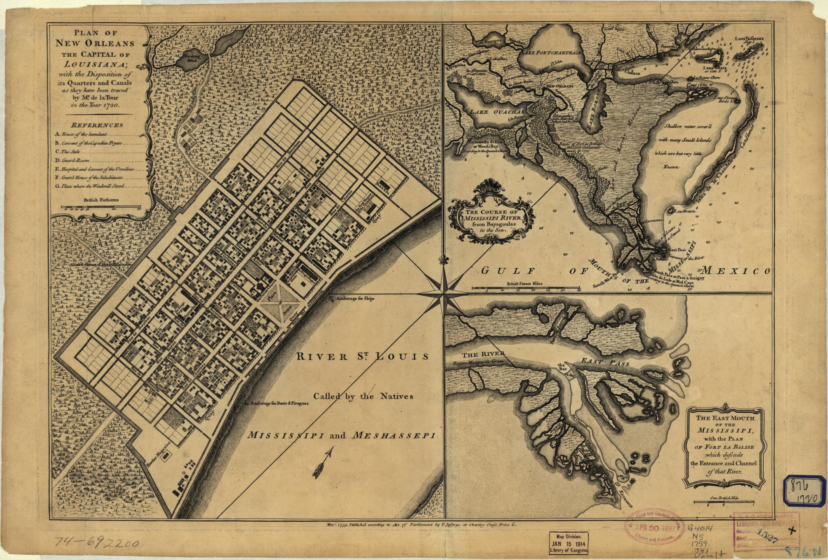 This old map of Plan of New Orleans the Capital of Louisiana; With the Disposition of Its Quarters and Canals As They Have Been Traced by Mr. De La Tour In the Year 1720 from 1759 was created by Louis Brion De La Tour, Thomas Jefferys in 1759