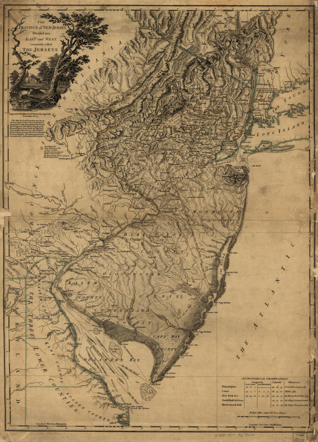 This old map of The Province of New Jersey, Divided Into East and West, Commonly Called the Jerseys from 1777 was created by Gerard Bancker, William Faden, Bernard Ratzer in 1777