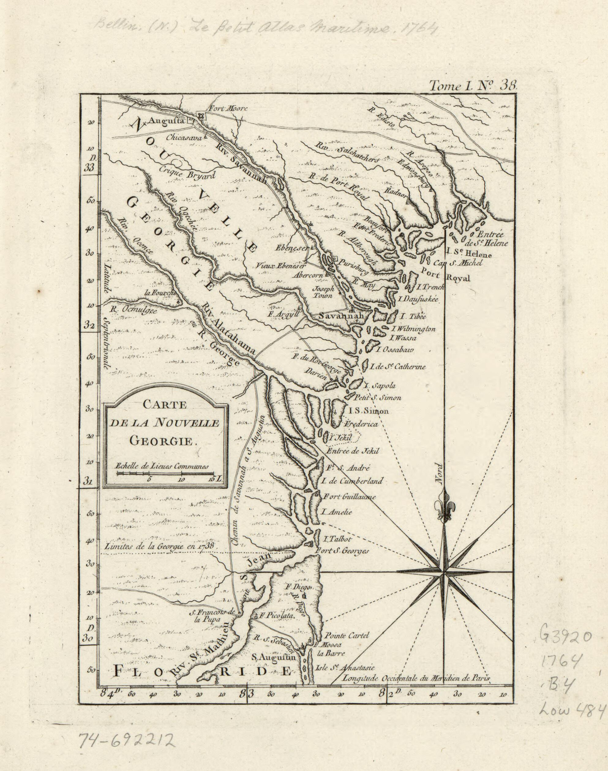 This old map of Carte De La Nouvelle Georgia from 1764 was created by Jacques Nicolas Bellin in 1764