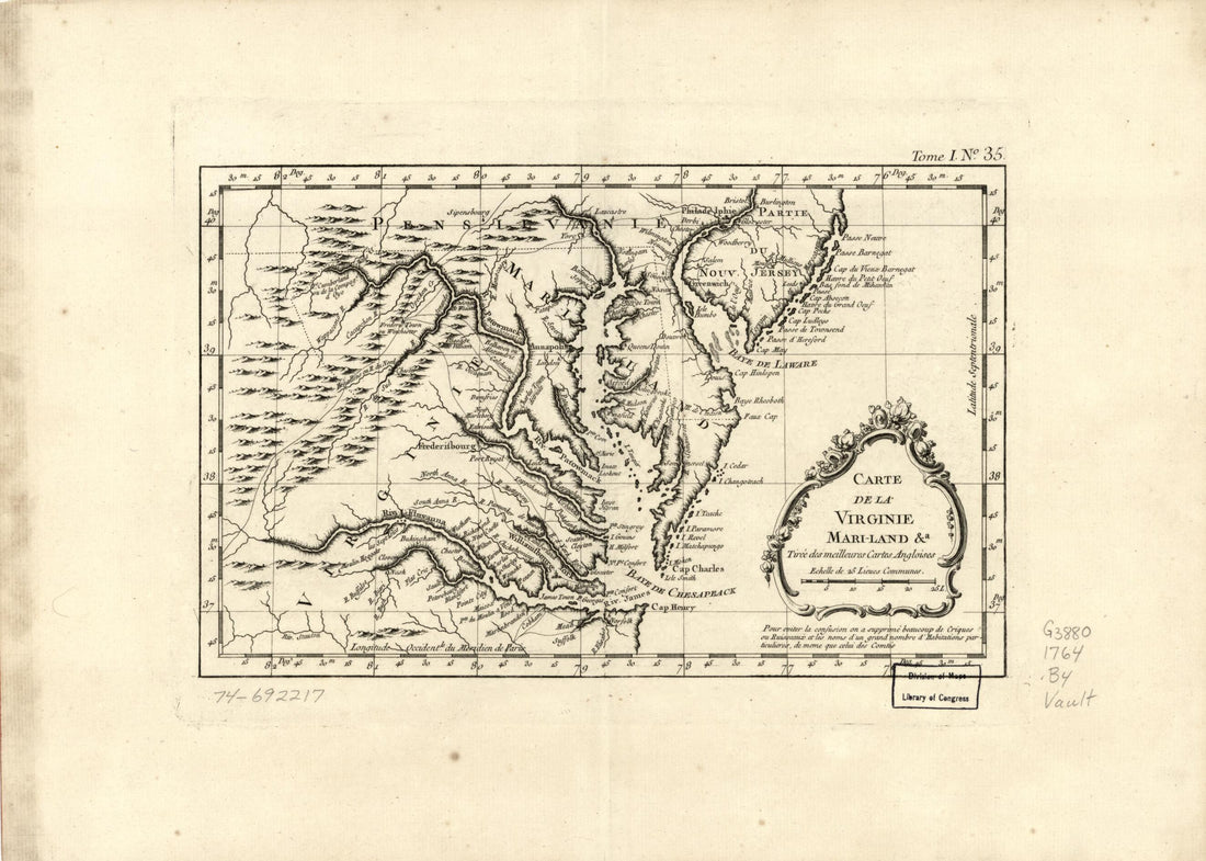 This old map of Land &amp;a from 1764 was created by Jacques Nicolas Bellin in 1764