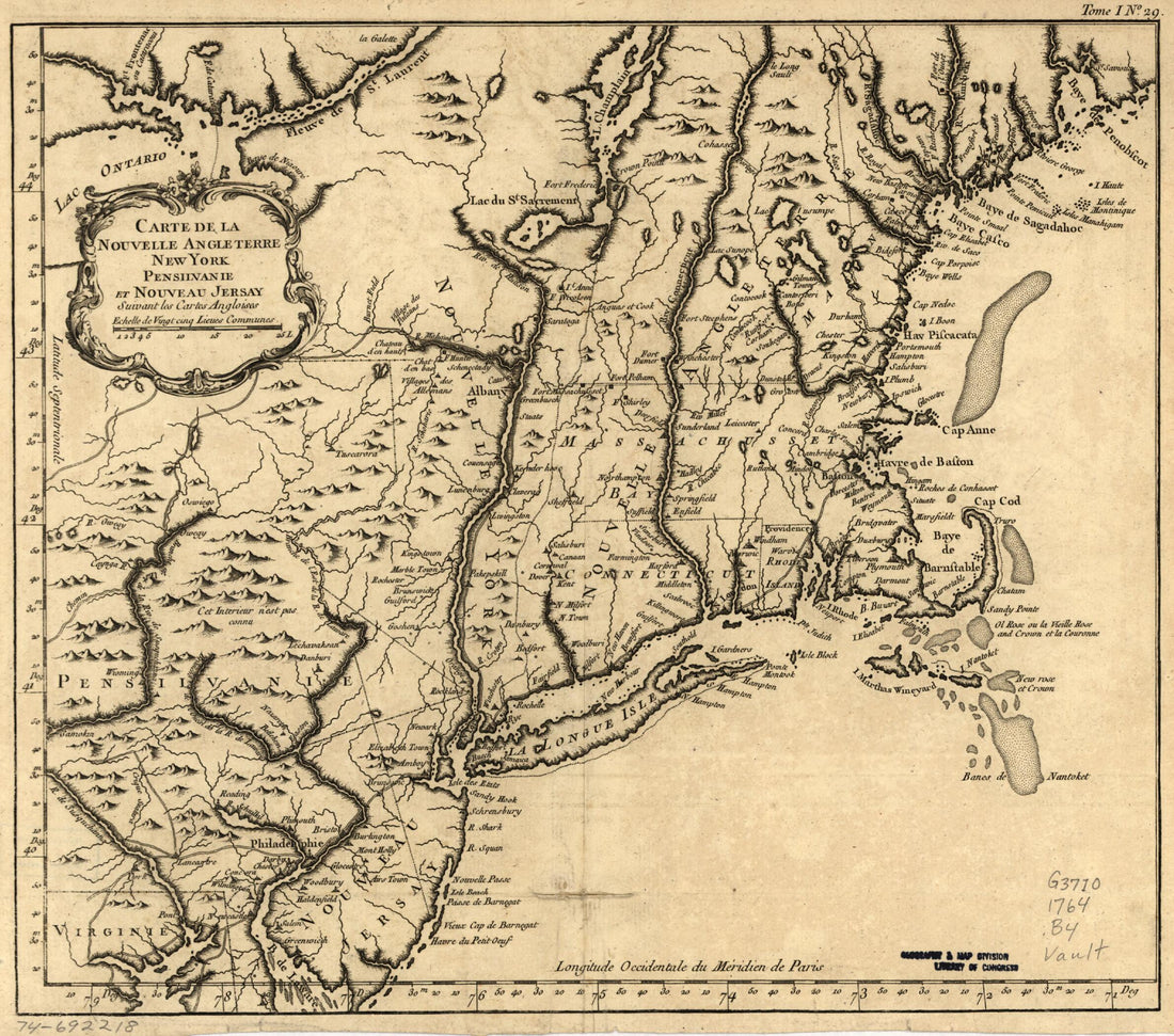 This old map of Carte De La Nouvelle Angleterre, New York, Pensilvanie Et Nouveau Jersay Suivant Les Cartes Angloises from 1764 was created by Jacques Nicolas Bellin in 1764