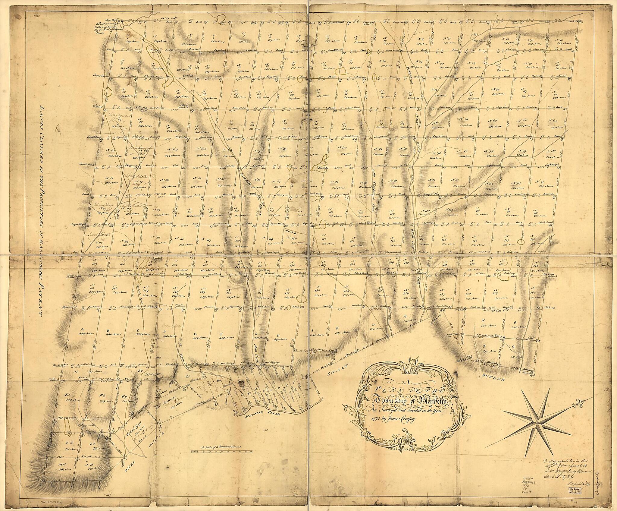 This old map of A Plan of the Township of Blenheim, As Surveyed and Divided In the Year from 1772 was created by James Creassy in 1772