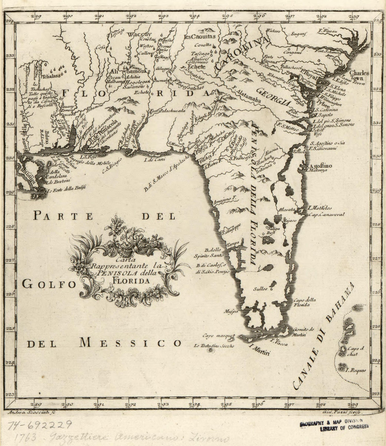 This old map of Carta Rappresentante La Penisola Della Florida from 1763 was created by Giuseppe Pazzi, Andrea Scacciati in 1763