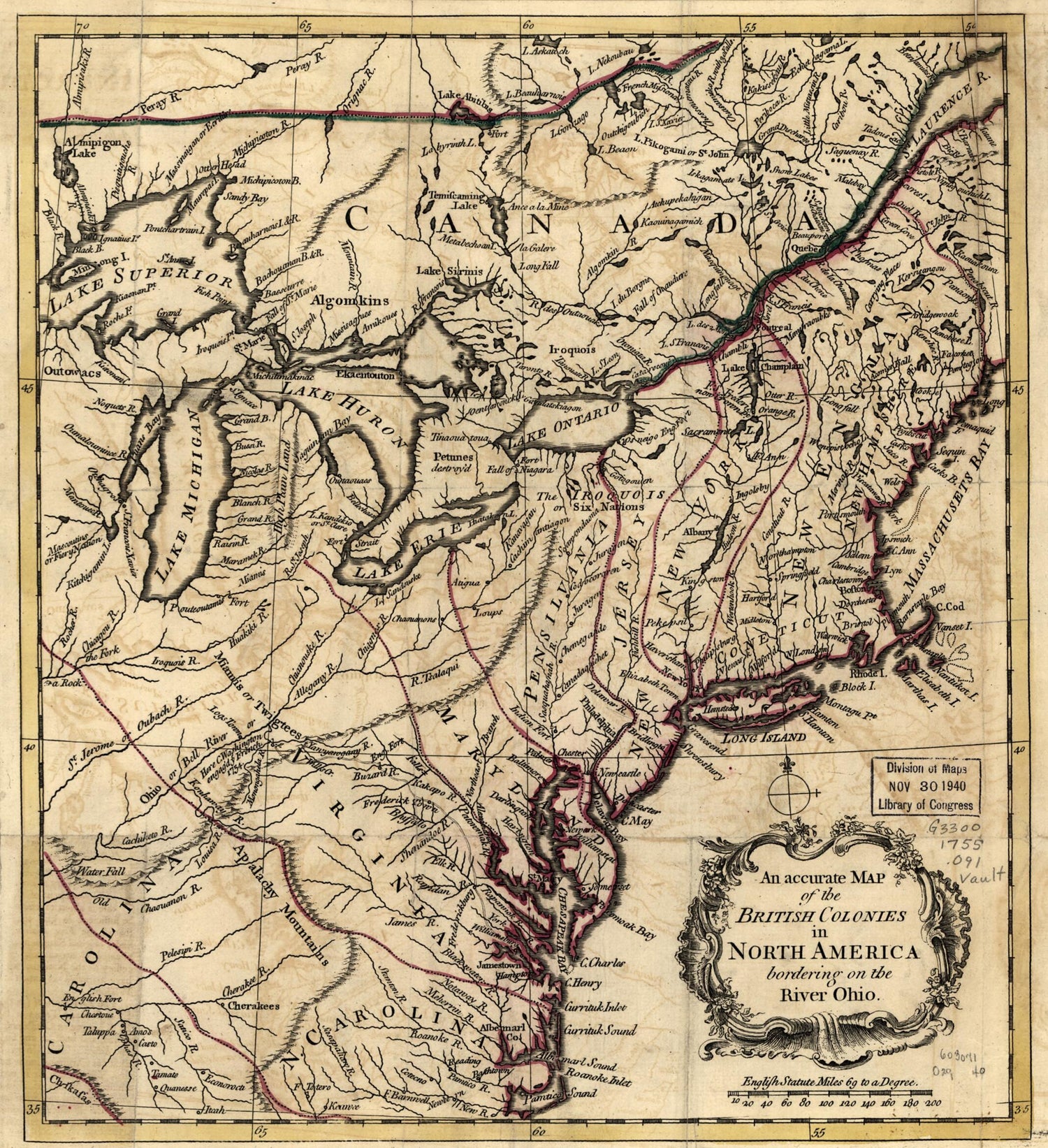 An Accurate Map of the British Colonies In North America Bordering On the River Ohio in 1755 by Relic Map Company