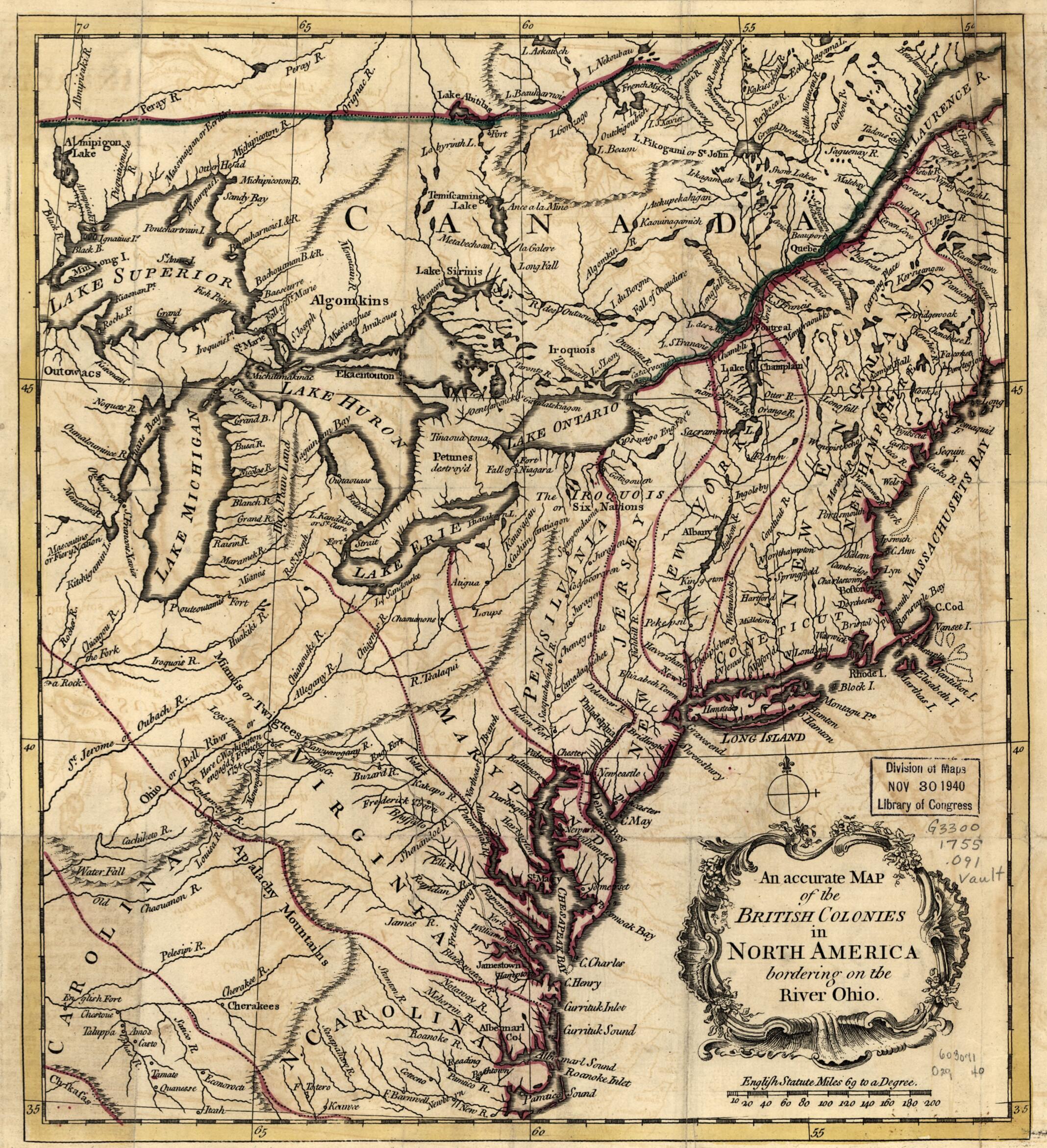 An Accurate Map of the British Colonies In North America Bordering On the River Ohio in 1755 by Relic Map Company