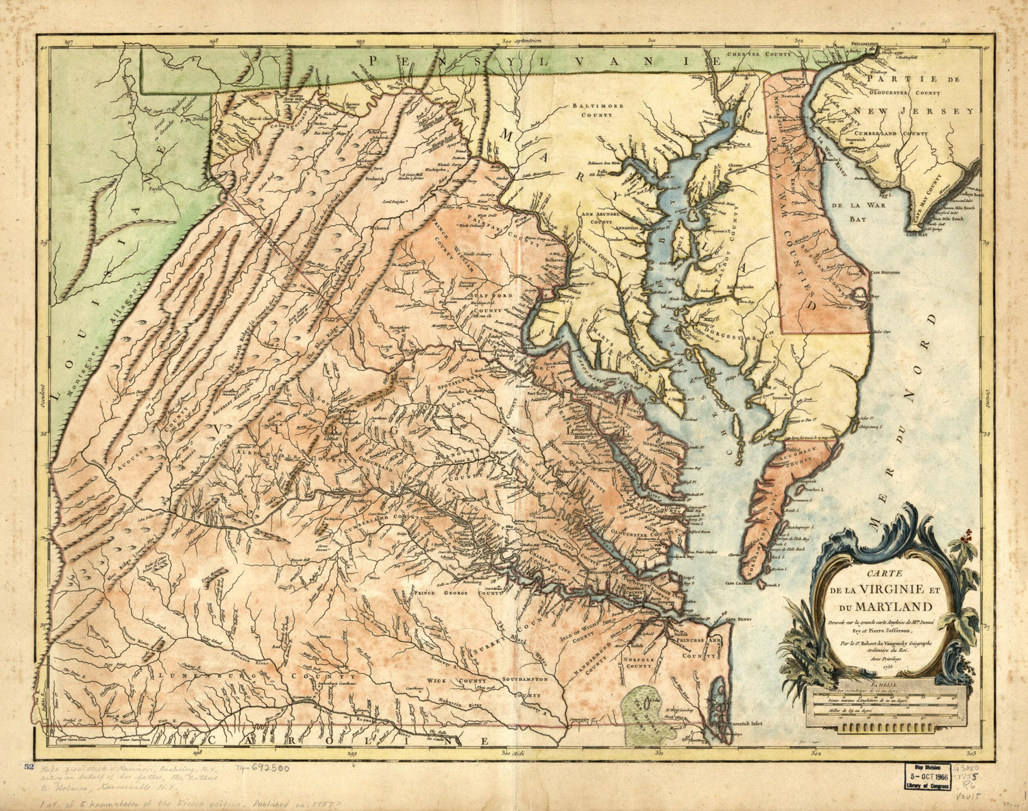 This old map of Carte De La Virginie Et Du Maryland from 1757 was created by Joshua Fry, E. Haussard, Peter Jefferson, Gilles Robert De Vaugondy in 1757