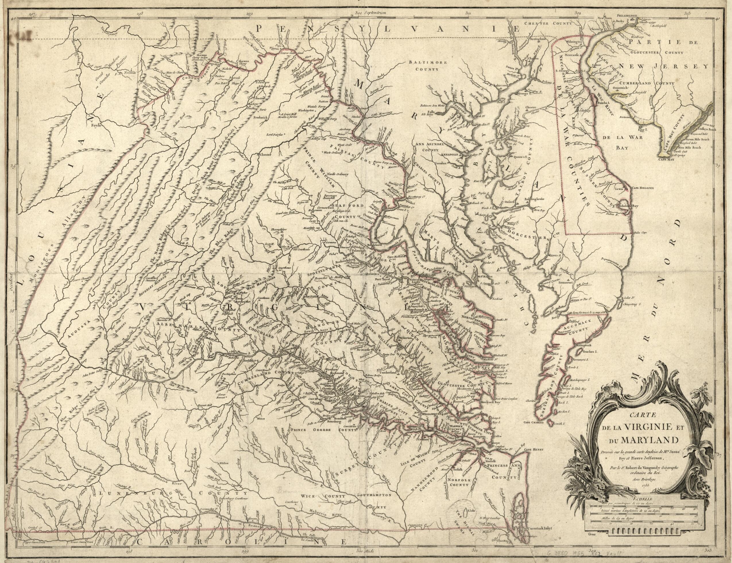 This old map of Carte De La Virginie Et Du Maryland from 1776 was created by Joshua Fry,  Groux, Peter Jefferson, Gilles Robert De Vaugondy in 1776