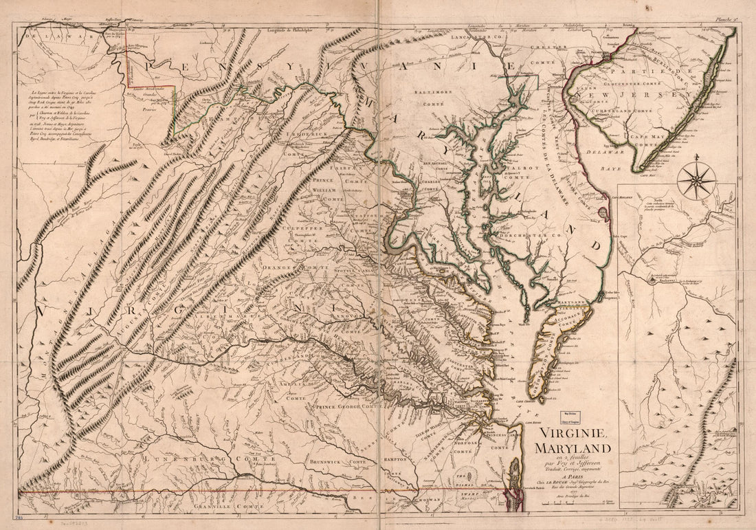 This old map of Virginie, Maryland En 2 Feuilles Par Fry Et Jefferson from 1777 was created by Joshua Fry, Peter Jefferson,  Louis in 1777