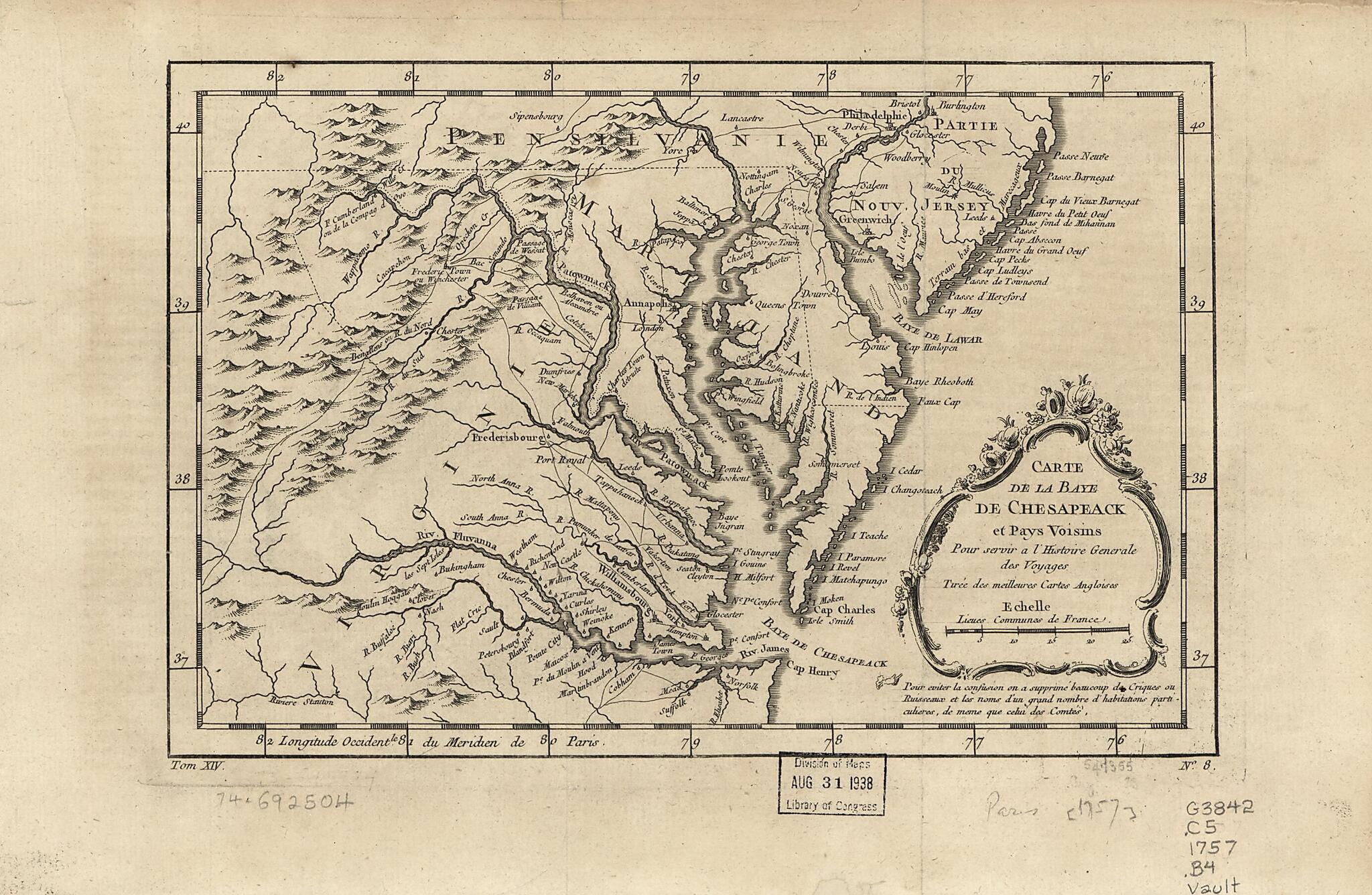 This old map of Carte De La Baye De Chesapeack Et Pays Voisins from 1757 was created by Jacques Nicolas] [Bellin in 1757