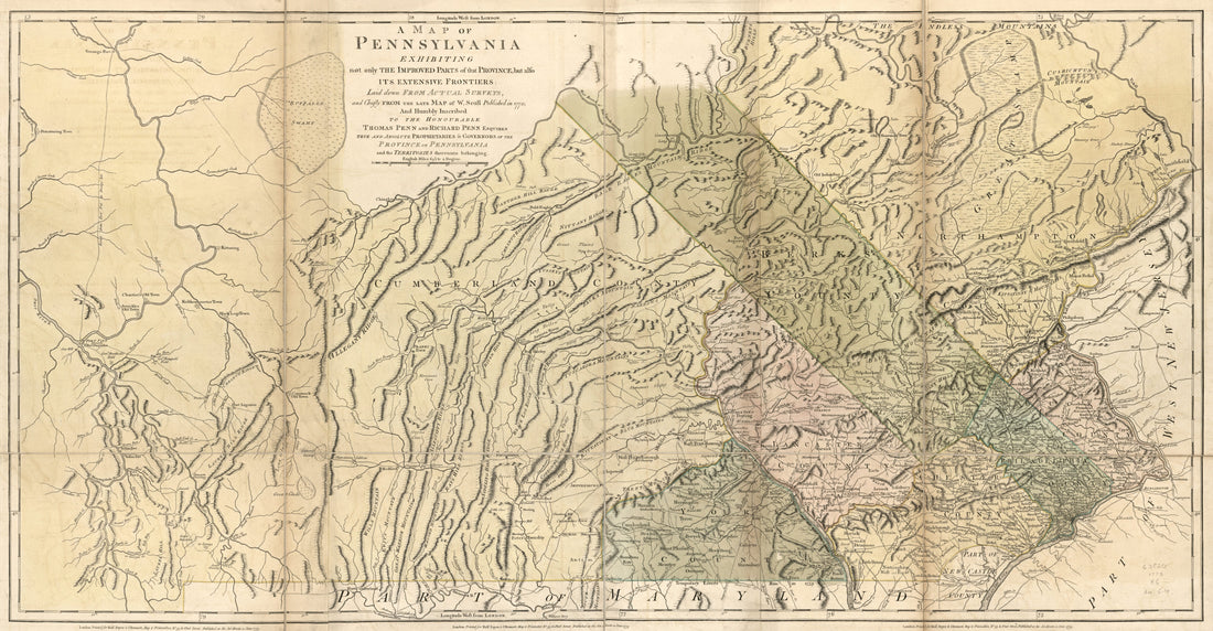 This old map of A Map of Pennsylvania Exhibiting Not Only the Improved Parts of That Province, but Also Its Extensive Frontiers: Laid Down from Actual Surveys and Chiefly from the Late Map of W. Scull Published In 1770; and Humbly Inscribed to the Honour