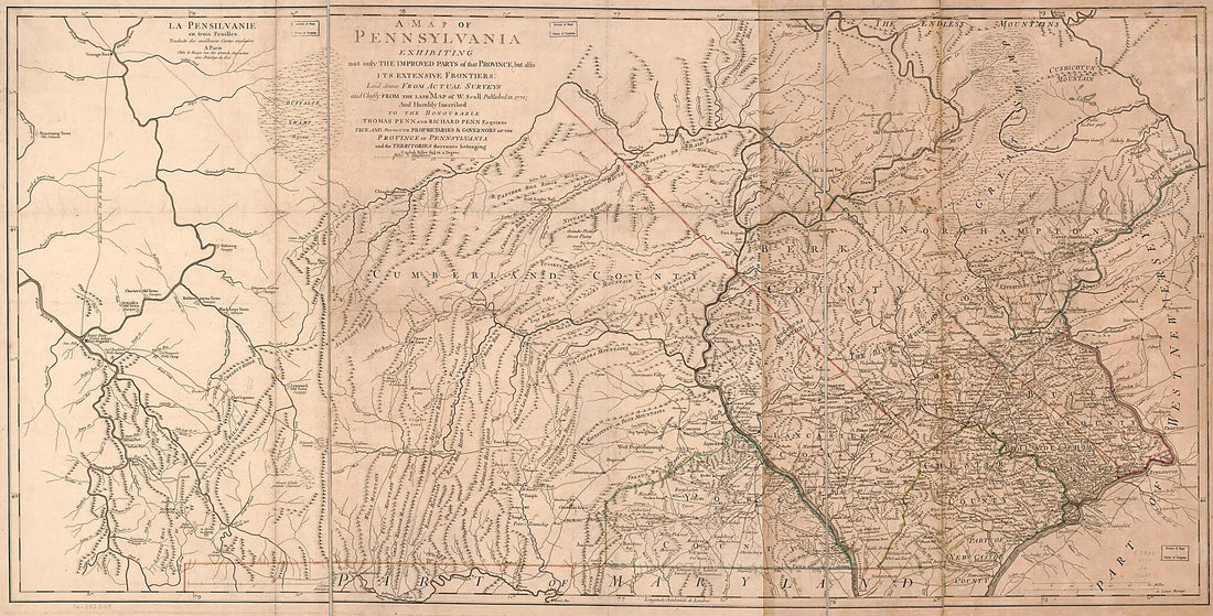 This old map of La Pensilvanie En Trois Feuilles, Traduite Des Meilleures Cartes Anglaises. a Map of Pennsylvania Exhibiting Not Only the Improved Parts of That Province, but Also Its Extensive Frontiers: Laid Down from Actual Surveys and Chiefly from th