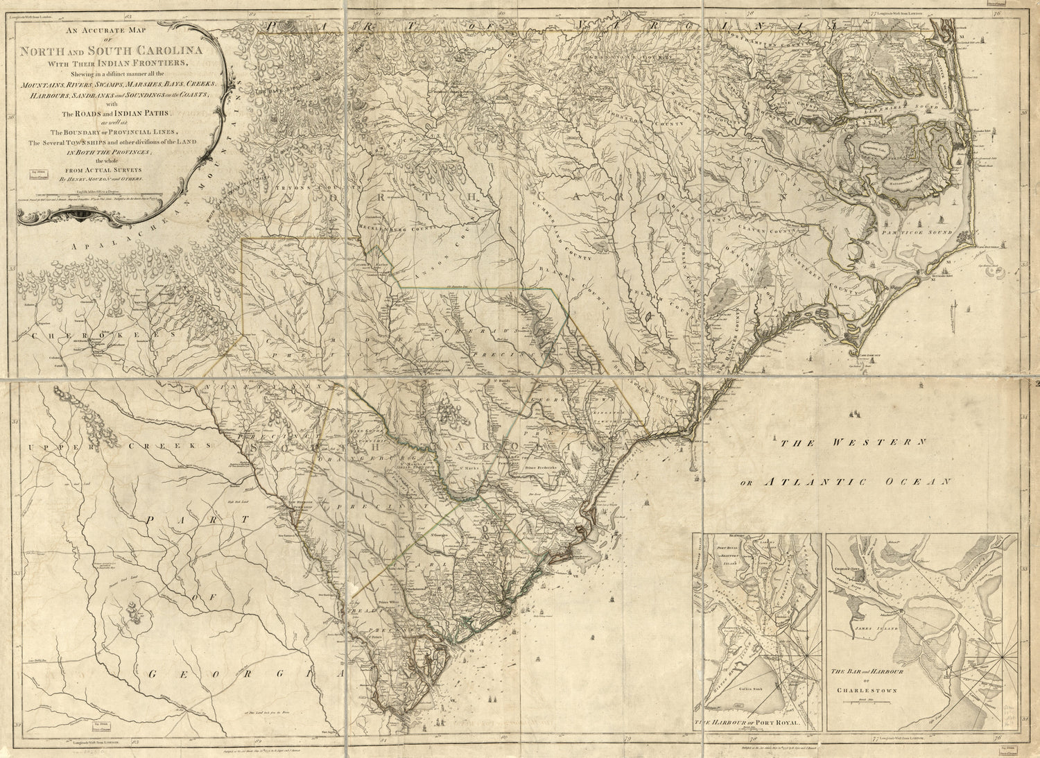 This old map of An Accurate Map of North and South Carolina With Their Indian Frontiers, Shewing In a Distinct Manner All the Mountains, Rivers, Swamps, Marshes, Bays, Creeks, Harbours, Sandbanks and Soundings On the Coasts; With the Roads and Indian Pat