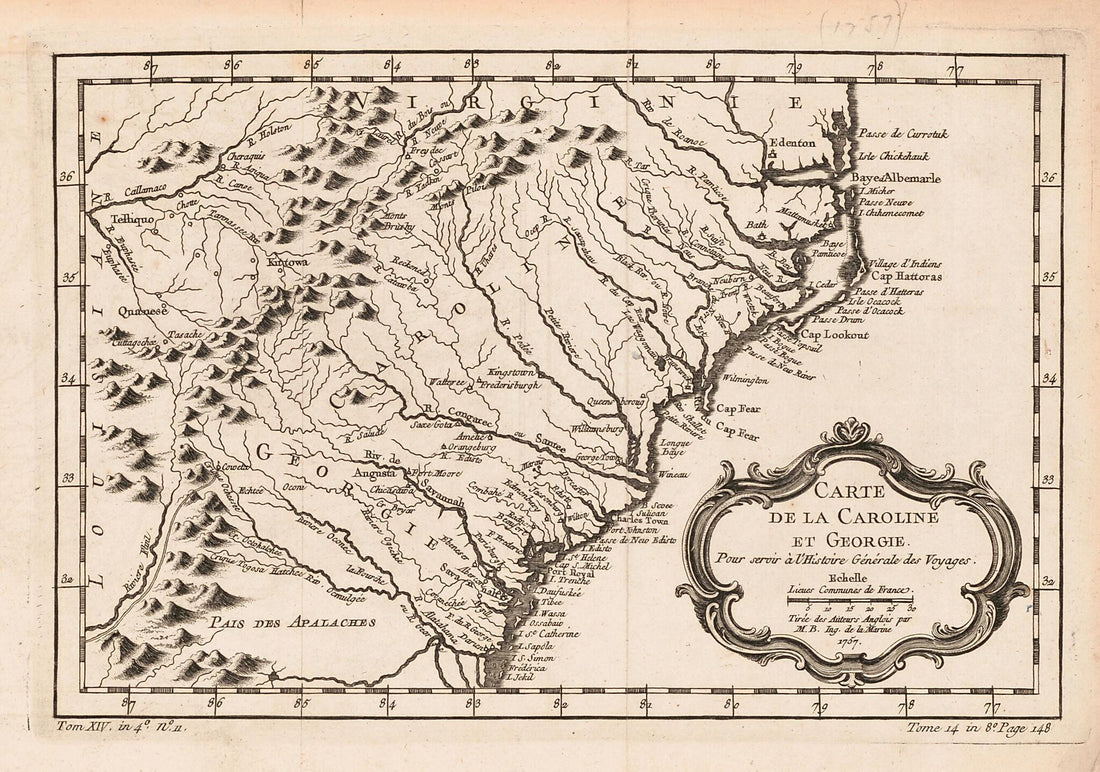 This old map of Carte De La Caroline Et Georgie from 1780 was created by Jacques Nicolas Bellin in 1780