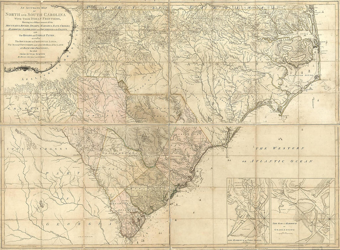 This old map of An Accurate Map of North and South Carolina With Their Indian Frontiers, Shewing In a Distinct Manner All the Mountains, Rivers, Swamps, Marshes, Bays, Creeks, Harbours, Sandbanks and Soundings On the Coasts; With the Roads and Indian Pat