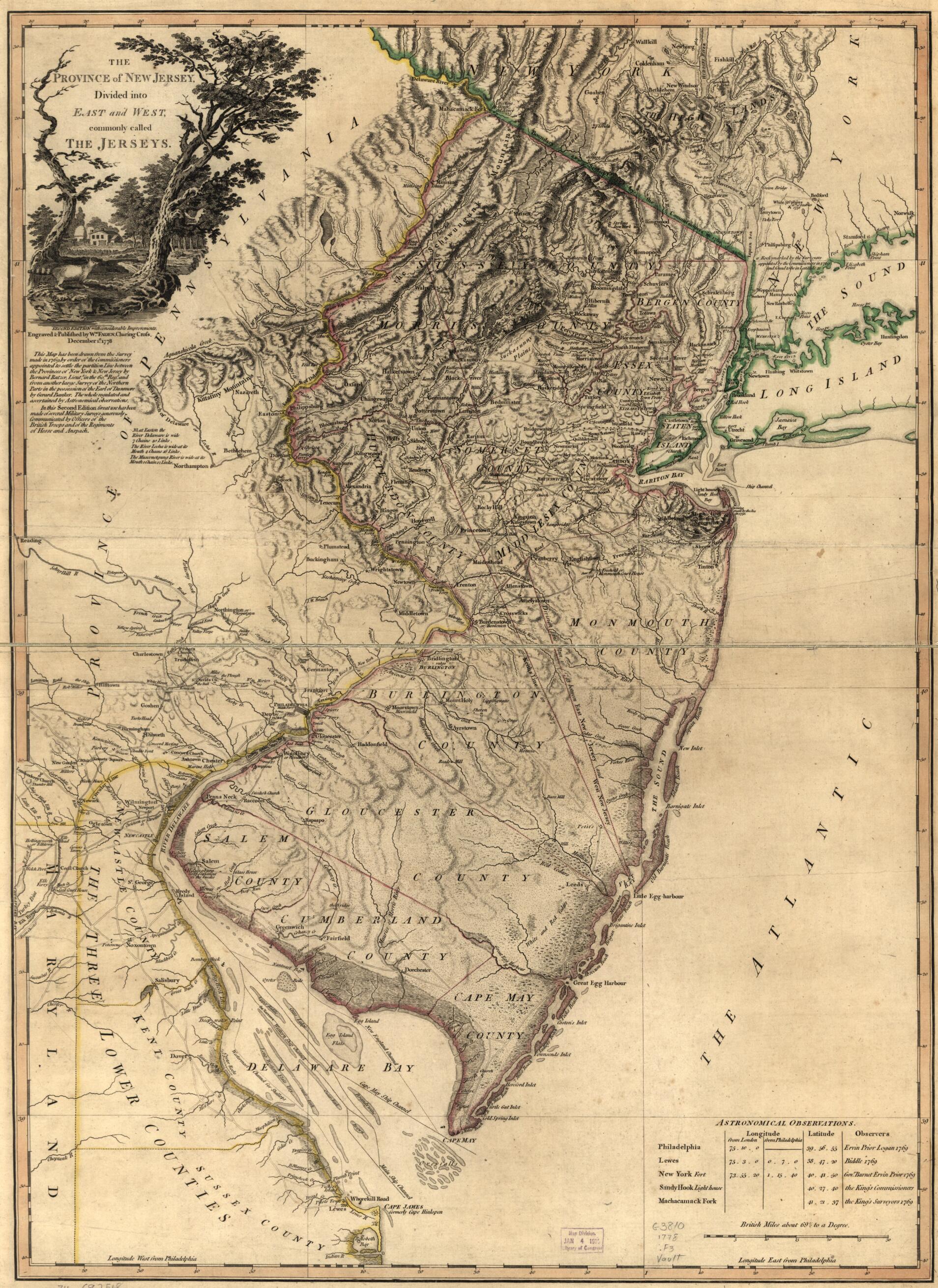 This old map of The Province of New Jersey, Divided Into East and West, Commonly Called the Jerseys from 1778 was created by Gerard Bancker, William Faden, Bernard Ratzer in 1778
