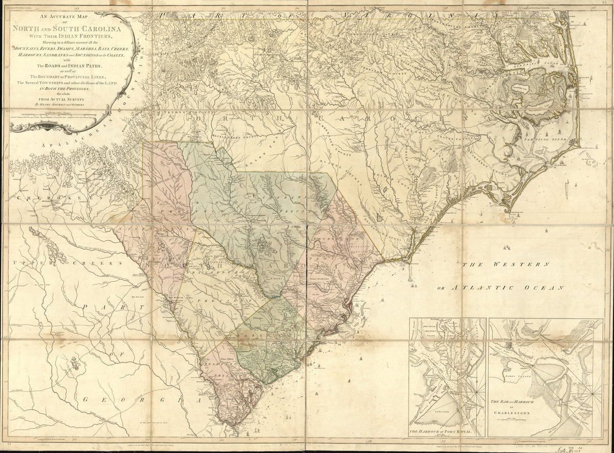 An Accurate Map of North and South Carolina With Their Indian Frontiers, Shewing In a Distinct Manner All the Mountains, Rivers, Swamps, Marshes, Bays, Creeks, Harbours, Sandbanks and Soundings On the Coasts; With the Roads and Indian Paths; As Well A... by Relic Map Company