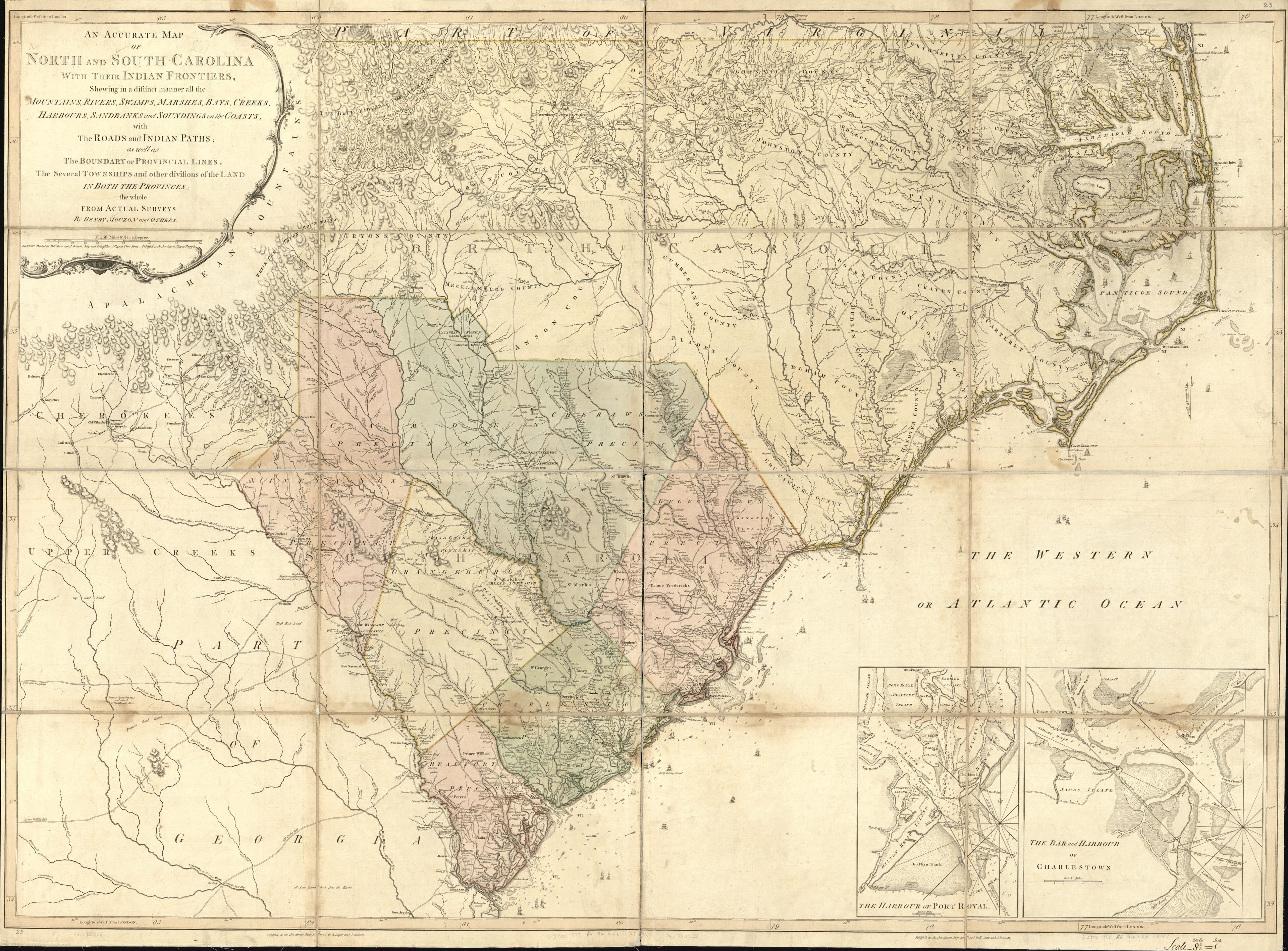 This old map of An Accurate Map of North and South Carolina With Their Indian Frontiers, Shewing In a Distinct Manner All the Mountains, Rivers, Swamps, Marshes, Bays, Creeks, Harbours, Sandbanks and Soundings On the Coasts; With the Roads and Indian Pat