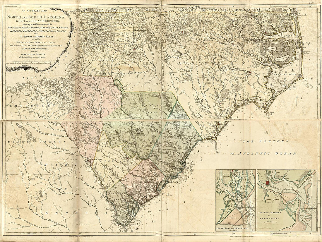 This old map of An Accurate Map of North and South Carolina With Their Indian Frontiers, Shewing In a Distinct Manner All the Mountains, Rivers, Swamps, Marshes, Bays, Creeks, Harbours, Sandbanks and Soundings On the Coasts; With the Roads and Indian Pat