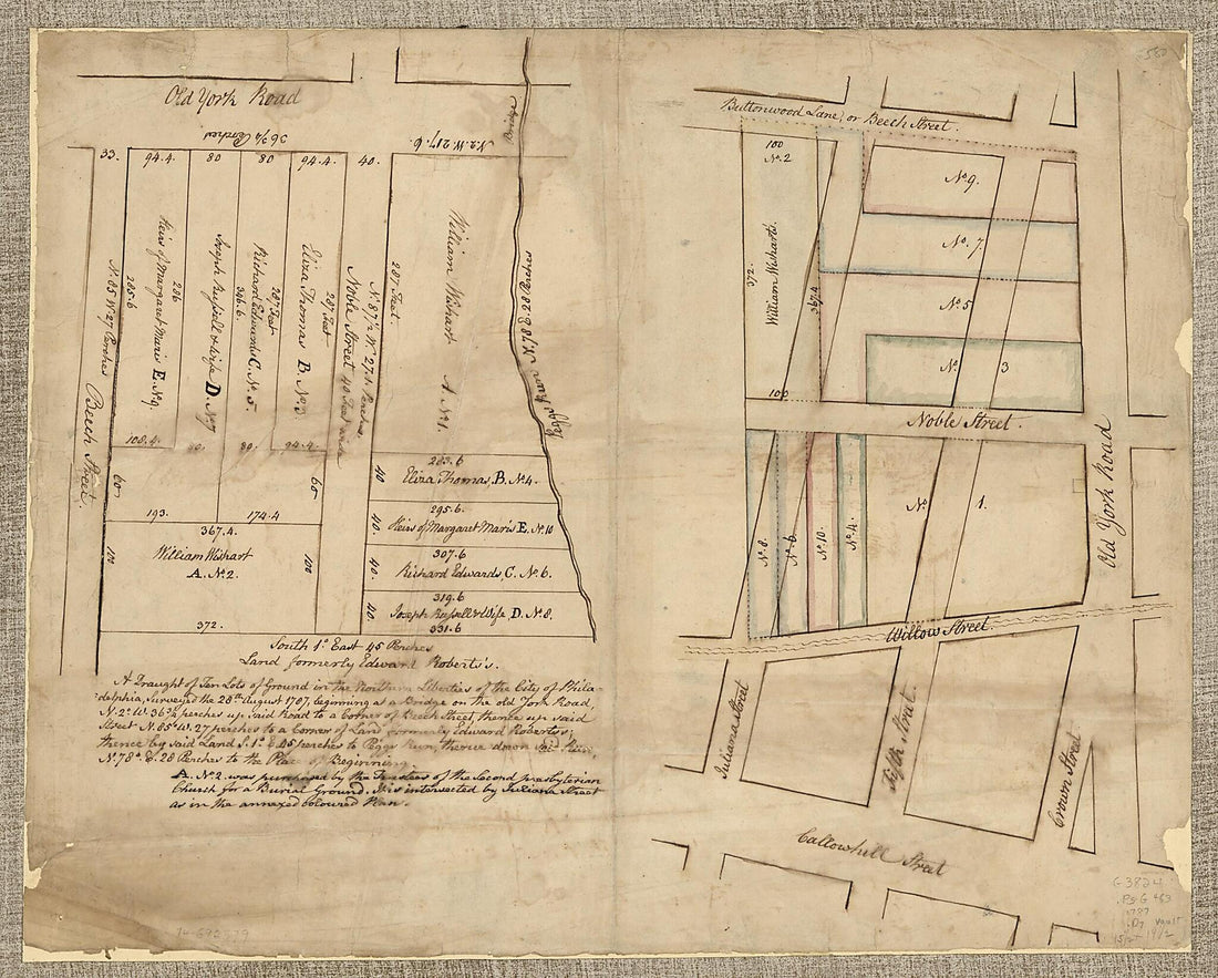 This old map of A Draught of Ten Lots of Ground In the Northern Liberties of the City of Philadelphia, Surveyed the 28th August from 1787, Beginning at a Bridge On the Old York Road, N. 2⁰. W. 36 3/4 Perches Up Said Road to a Corner of Beech Street, Th