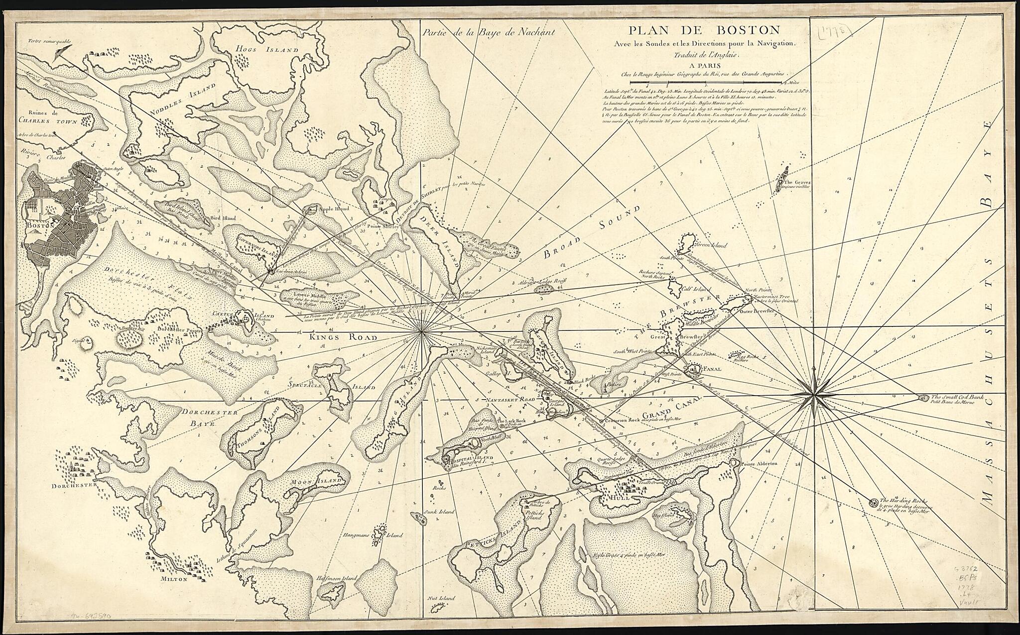 This old map of Plan De Boston Avec Les Sondes Et Les Directions Pour La Navigation. Traduit De L&