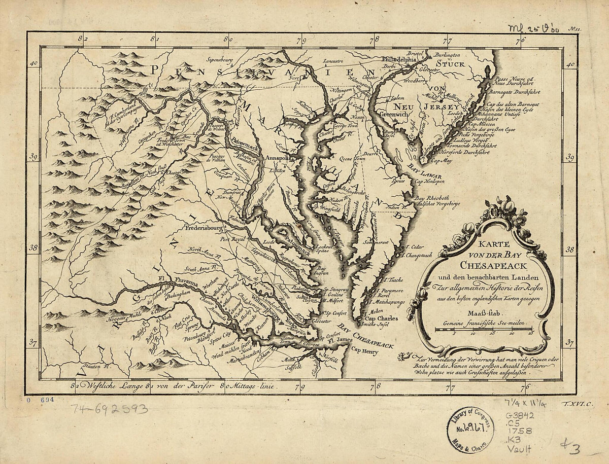 Karte Von Der Bay Chesapeack Und Den Benachbarten Landen Zur Allegemeinen Historie Der Reisen Aus Den Besten Englændischen Karten Gezogen 1758 by Relic Map Company