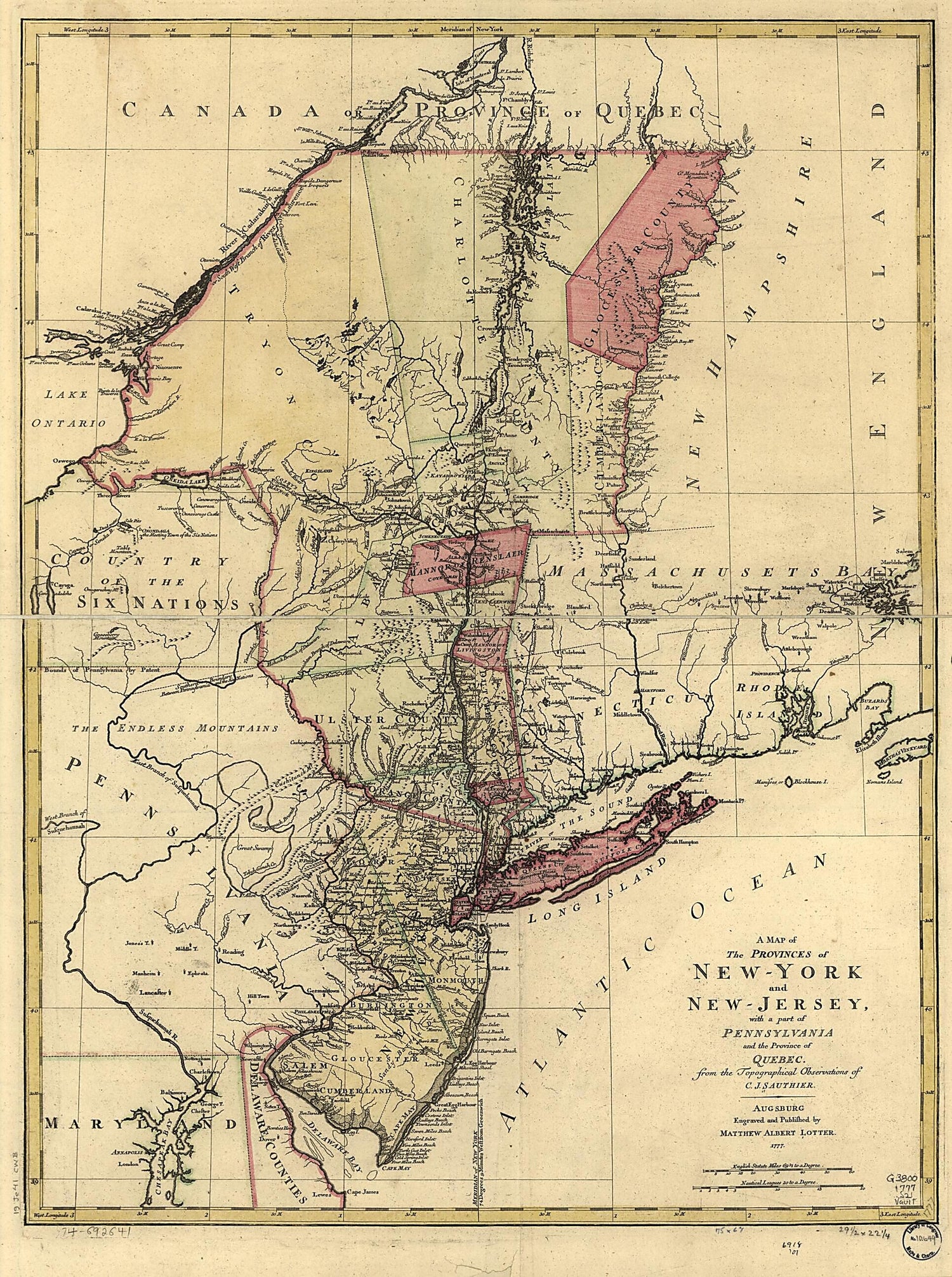 This old map of York and New Jersey, With a Part of Pennsylvania and the Province of Quebec from 1777 was created by Matthäus Albrecht Lotter, Claude Joseph Sauthier in 1777