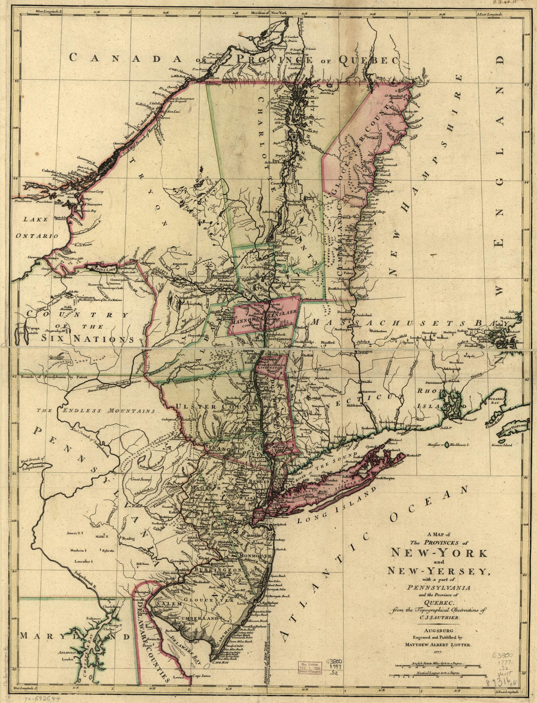 This old map of York and New-Yersey, With a Part of Pennsylvania and the Province of Quebec from 1777 was created by Matthäus Albrecht Lotter, Claude Joseph Sauthier in 1777