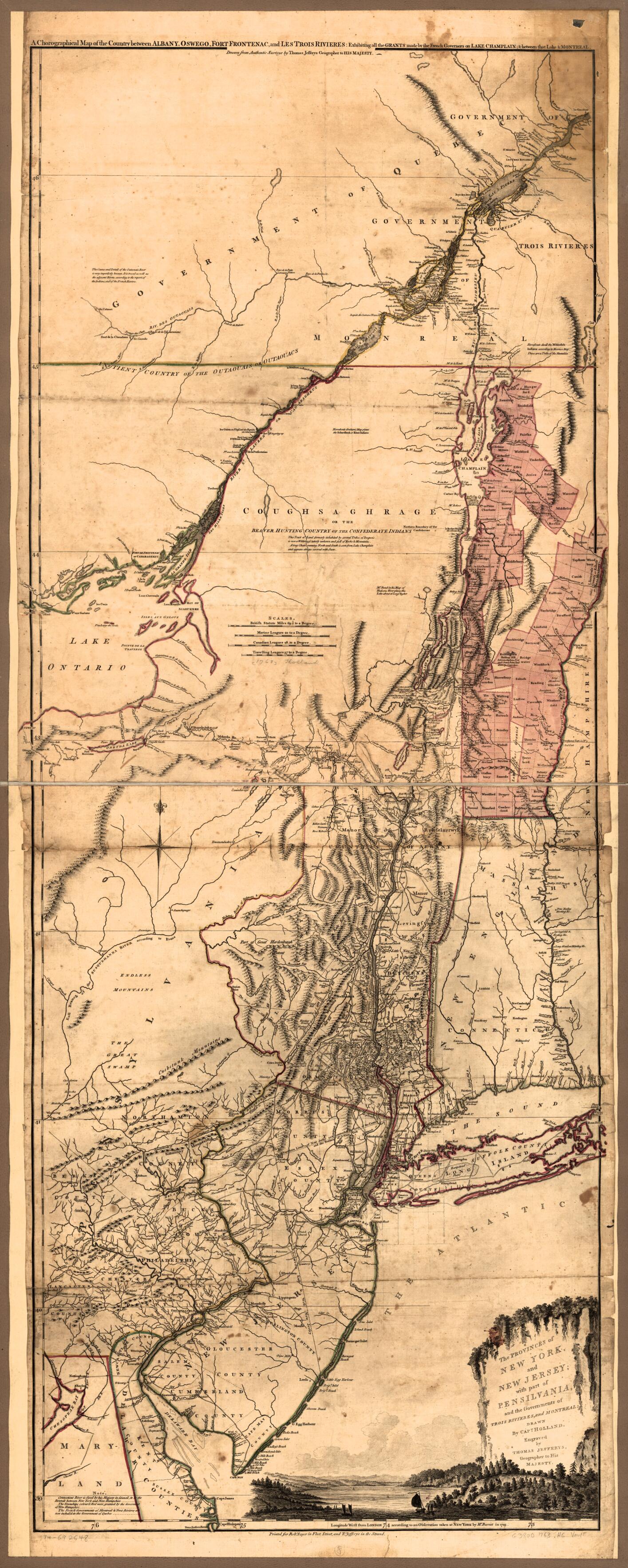 This old map of The Provinces of New York, and New Jersey; With Part of Pensilvania, and the Governments of Trois Rivières, and Montreal: from 1768 was created by Samuel Holland, Thomas Jefferys, Robert Sayer in 1768