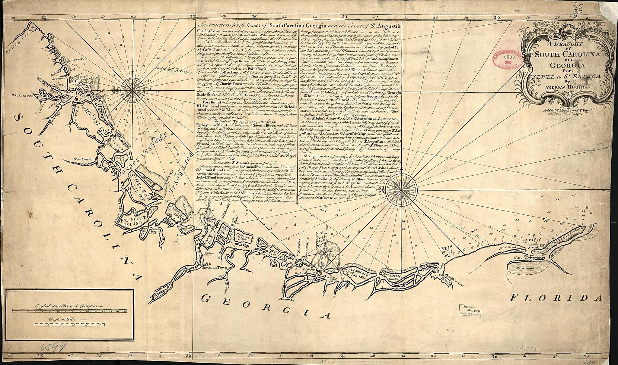 This old map of A Draught of South Carolina and Georgia from Sewee to St. Estaca from 1778 was created by Andrew Hughes,  W. Mount and T. Page in 1778