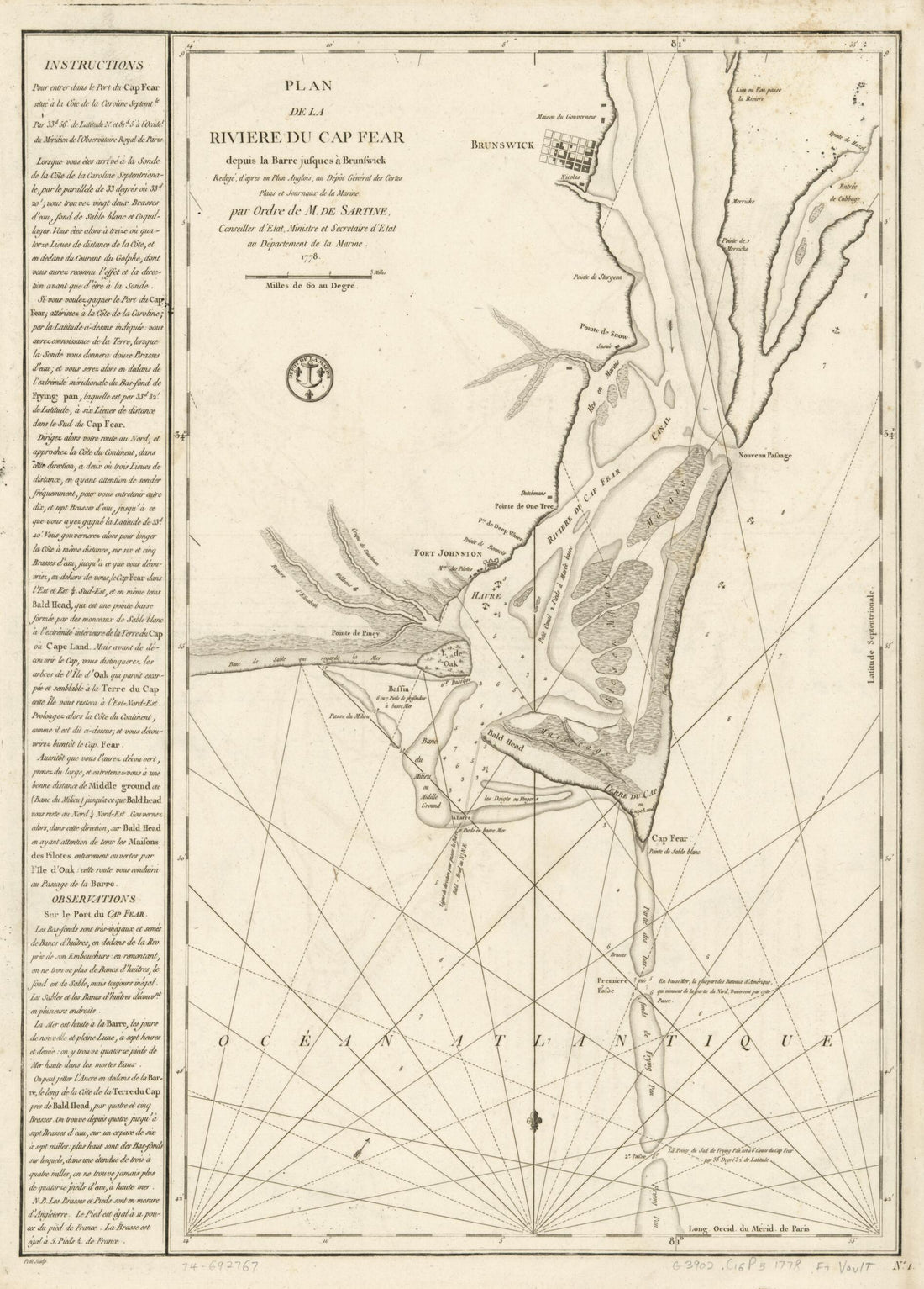 This old map of Plan De La Rivière Du Cap Fear Depuis La Barre Jusques à Brunswick from 1780 was created by  France. Dépôt Des Cartes Et Plans De La Marine,  Petit, Antoine De Sartine in 1780