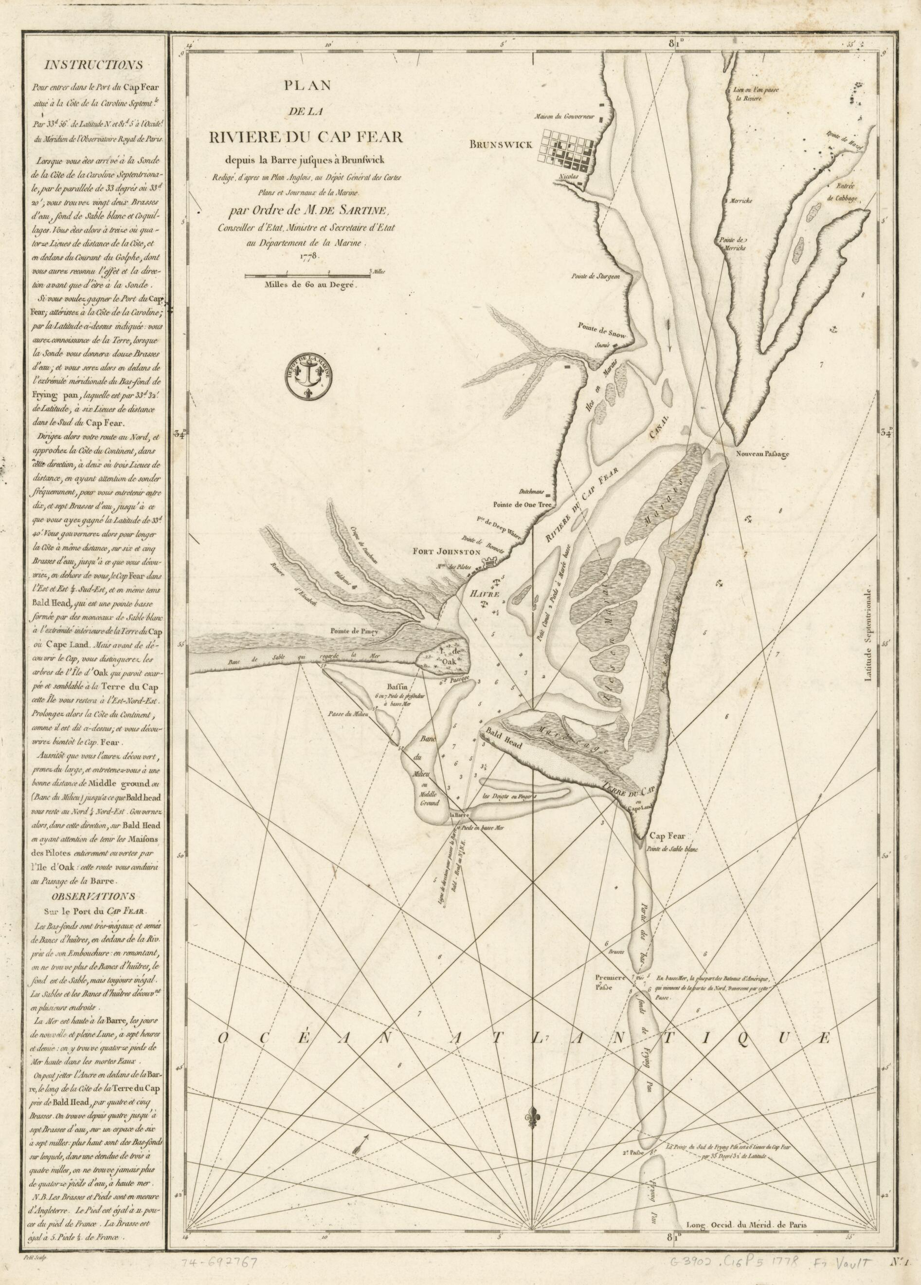 This old map of Plan De La Rivière Du Cap Fear Depuis La Barre Jusques à Brunswick from 1780 was created by  France. Dépôt Des Cartes Et Plans De La Marine,  Petit, Antoine De Sartine in 1780