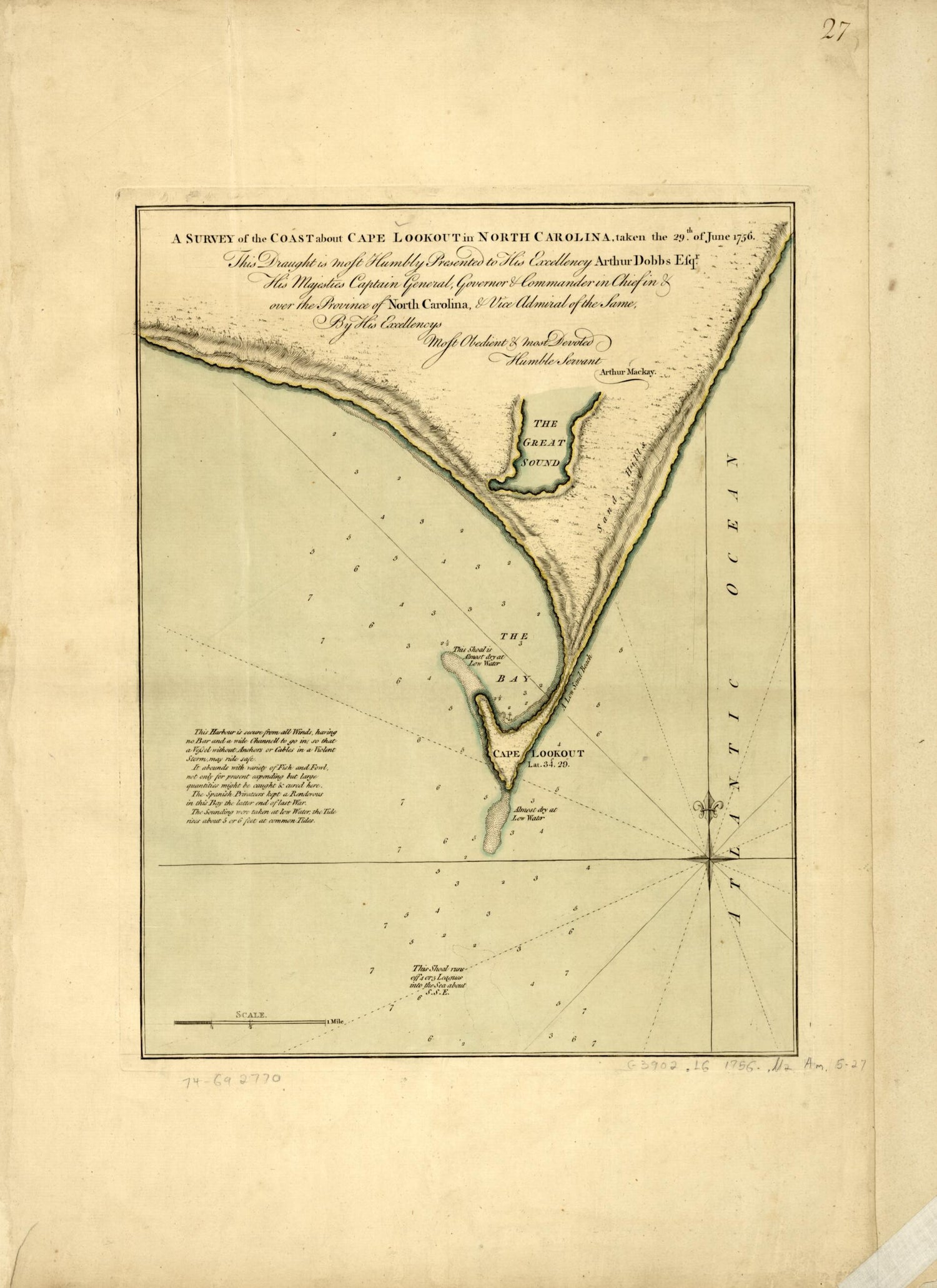 This old map of A Survey of the Coast About Cape Lookout In North Carolina, Taken the 29th of June,from 1756 was created by Arthur Mackay in 1756