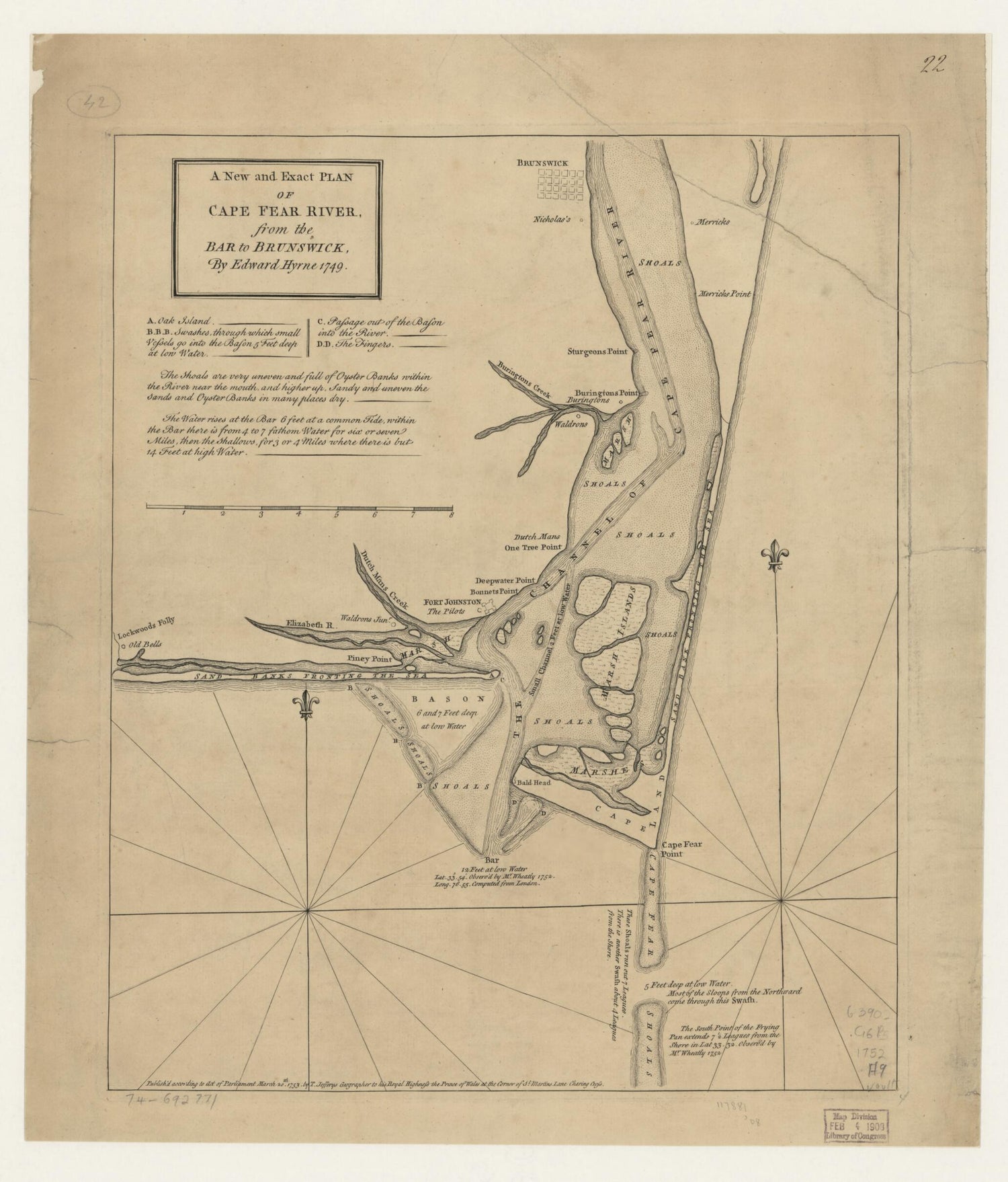 This old map of A New and Exact Plan of Cape Fear River, from the Bar to Brunswick from 1753 was created by Edward Hyrne, Thomas Jefferys in 1753