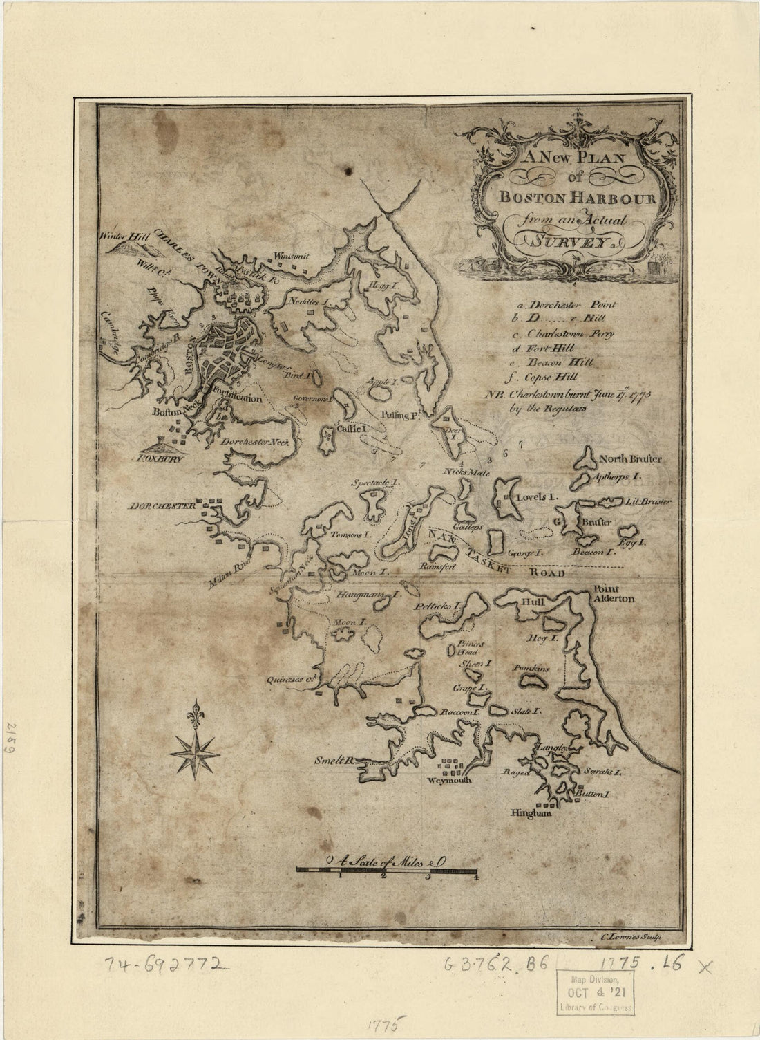 This old map of A New Plan of Boston Harbour from an Actual Survey from 1775 was created by Caleb Lownes in 1775