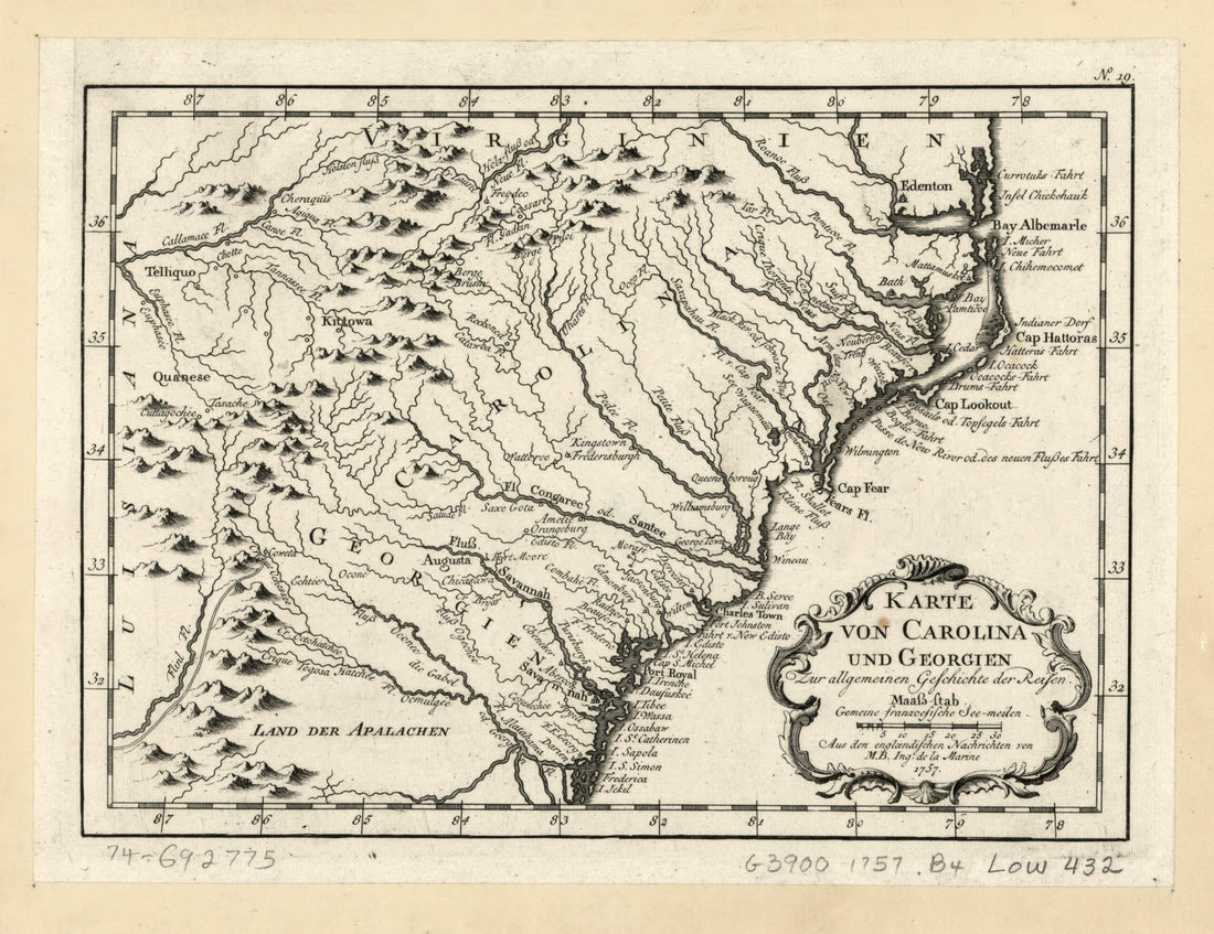 This old map of Karte Von Carolina Und Georgien Zur Allgemeinen Geschichte Der Reisen from 1758 was created by Jacques Nicolas Bellin in 1758