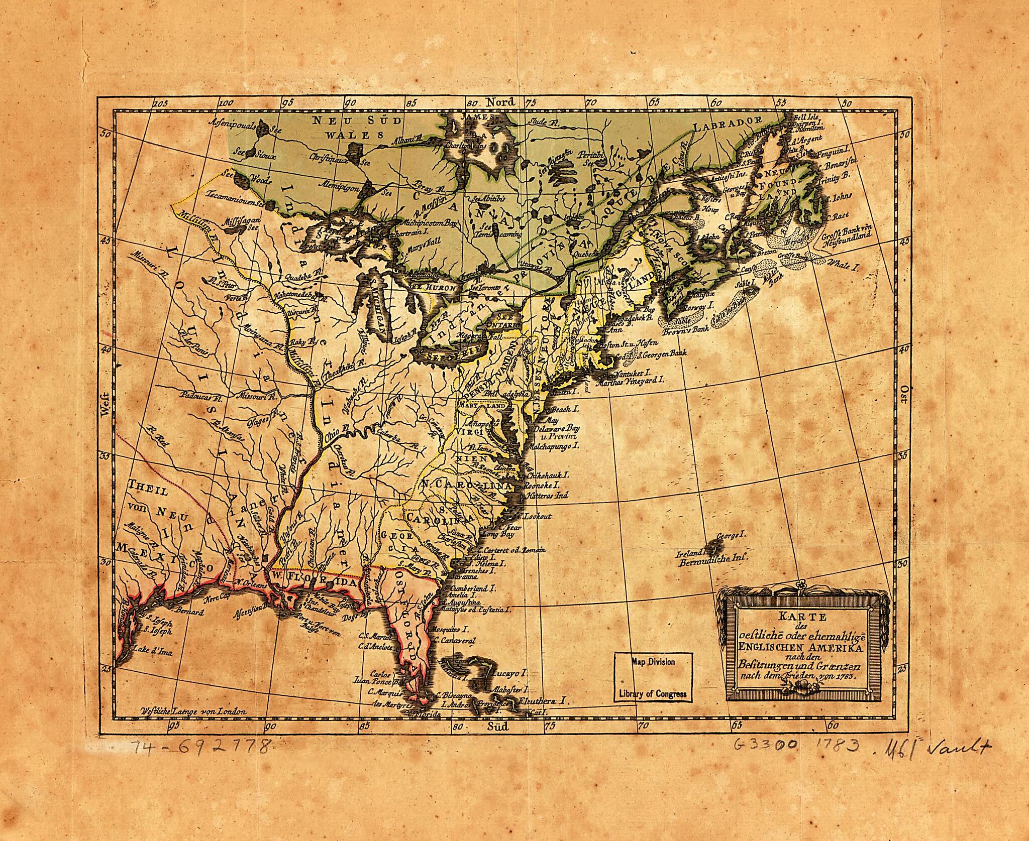 Karte Des Oestlichē Oder Ehemahligē Englischen Amerika Nach Den Besitzungen Und Grænzen Nach Dem Frieden Von 1783 1784 by Relic Map Company