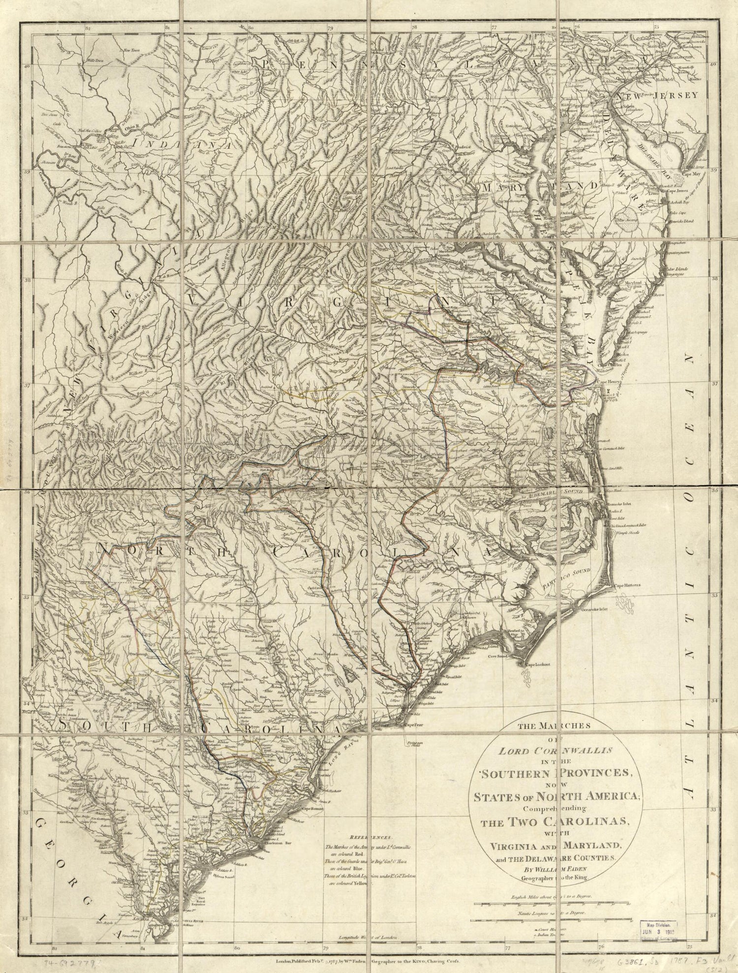 This old map of The Marches of Lord Cornwallis In the Southern Provinces, Now States of North America; Comprehending the Two Carolinas, With Virginia and Maryland, and the Delaware Counties from 1787 was created by Charles Cornwallis Cornwallis, William 