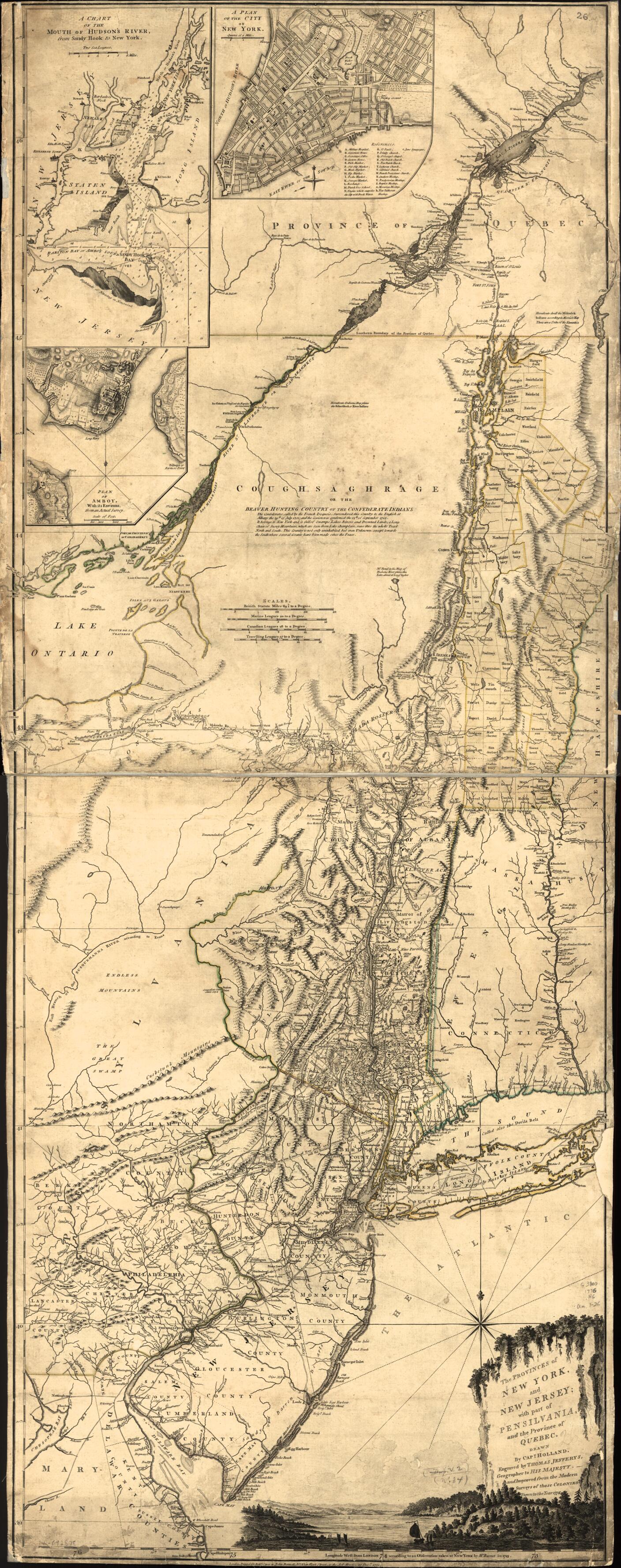 This old map of The Provinces of New York and New Jersey; With Part of Pensilvania, and the Province of Quebec from 1776 was created by Samuel Holland, Thomas Jefferys,  Robert Sayer and John Bennett (Firm) in 1776