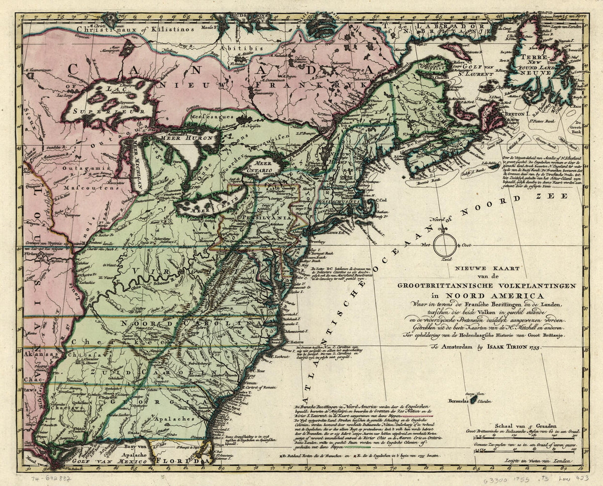 Nieuwe Kaart Van De Grootbrittannische Volkplantingen In Noord America Waar In Tevens De Fransche Bezittingen En De Landen, Tusschen Die Beide Volken In Geschil Staande En De Wederzydsche Pretensien Duidelyk Aangewezen Worden in 1755 by Relic Map Company