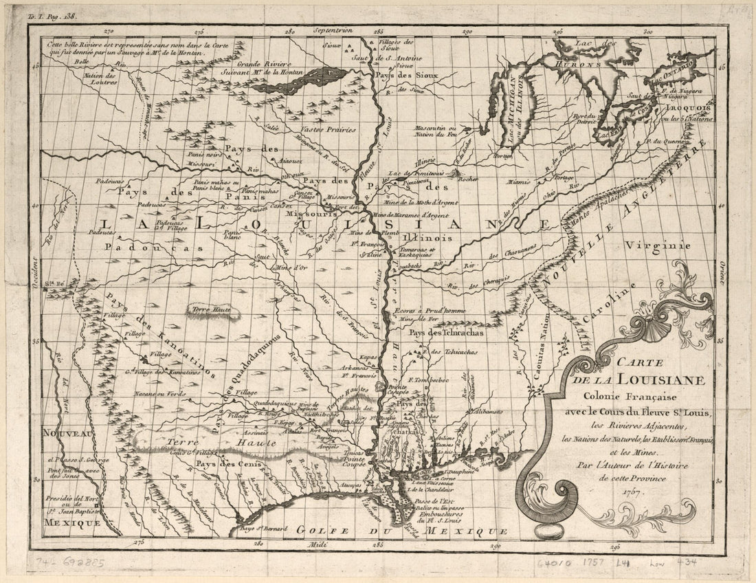 This old map of Carte De La Louisiane Colonie Française Avec Le Cours Du Fleuve St. Louis, Les Rivières Adjacentes, Les Nations Des Naturels, Les Etablissems. Français Et Les Mines from 1758 was created by  Le Page Du Pratz in 1758
