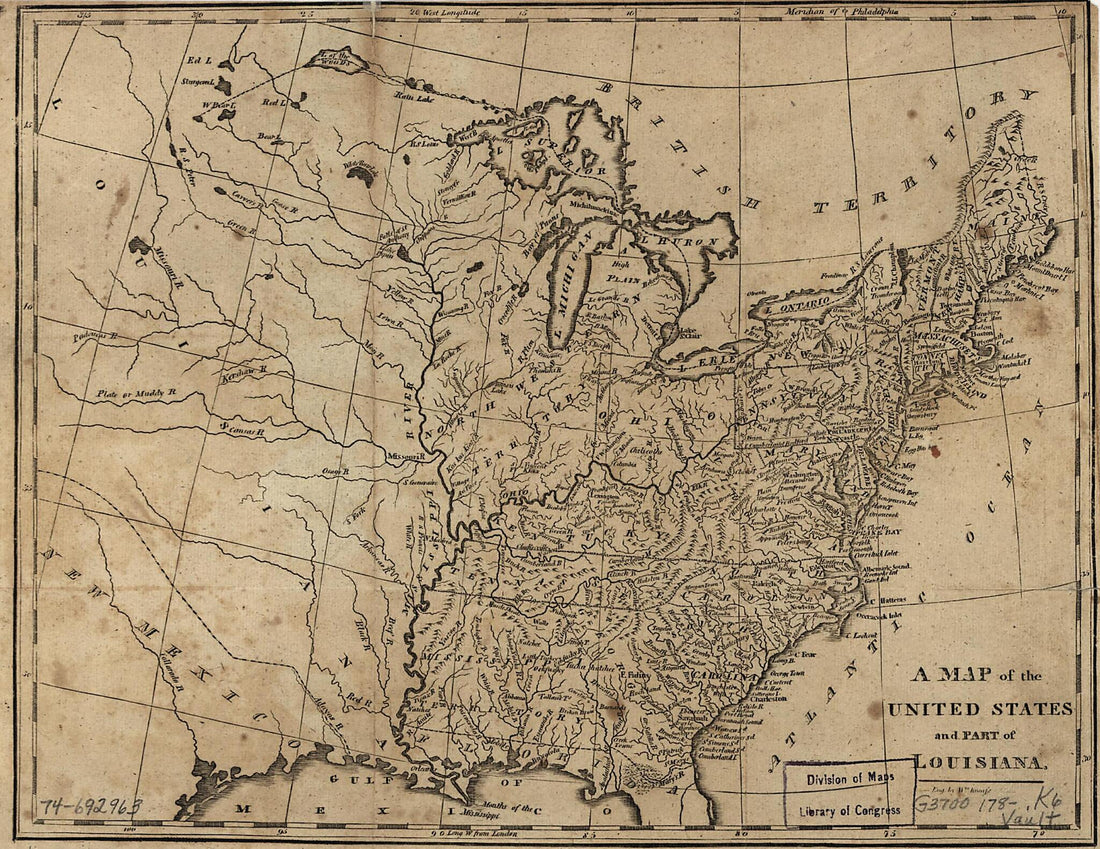 This old map of A Map of the United States and Part of Louisiana from 1780 was created by William Kneass in 1780