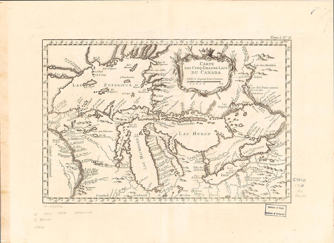 This old map of Carte Des Cinq Grands Lacs Du Canada from 1764 was created by Jacques Nicolas Bellin in 1764